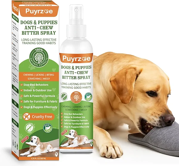 puyrzoe No Chew Spray for Dogs, 200ML Bitter Apple Spray for Dogs Natural Prevent Chewing & Licking Furniture, Sofa, Shoes, Bandages, Indoor Outdoor Dog Training & Behavior Aids, No Alcohol & Trace