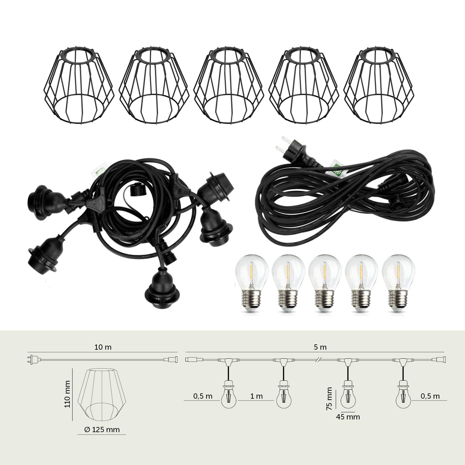 Crete zestaw girlandy ogrodowej 5 m + kabel 10 m + 5 x abażur girlanda z żarówkami, łańcuch świetlny do użytku na zewnątrz i wewnątrz (girlanda 5 m + kabel 10 m + 5 x klosz lampy D1 + 5 x żarówka)