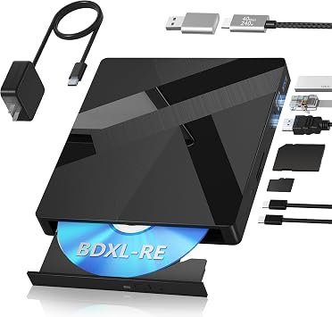 Wbacon External Blu ray Drives, 40Gbps External Bluray Burner with HDMI & LAN, Support 100GB BDXL-RE Disc Reading/Writing, External Blueray/DVD Drive for PC Laptop Windows Linux MacOS