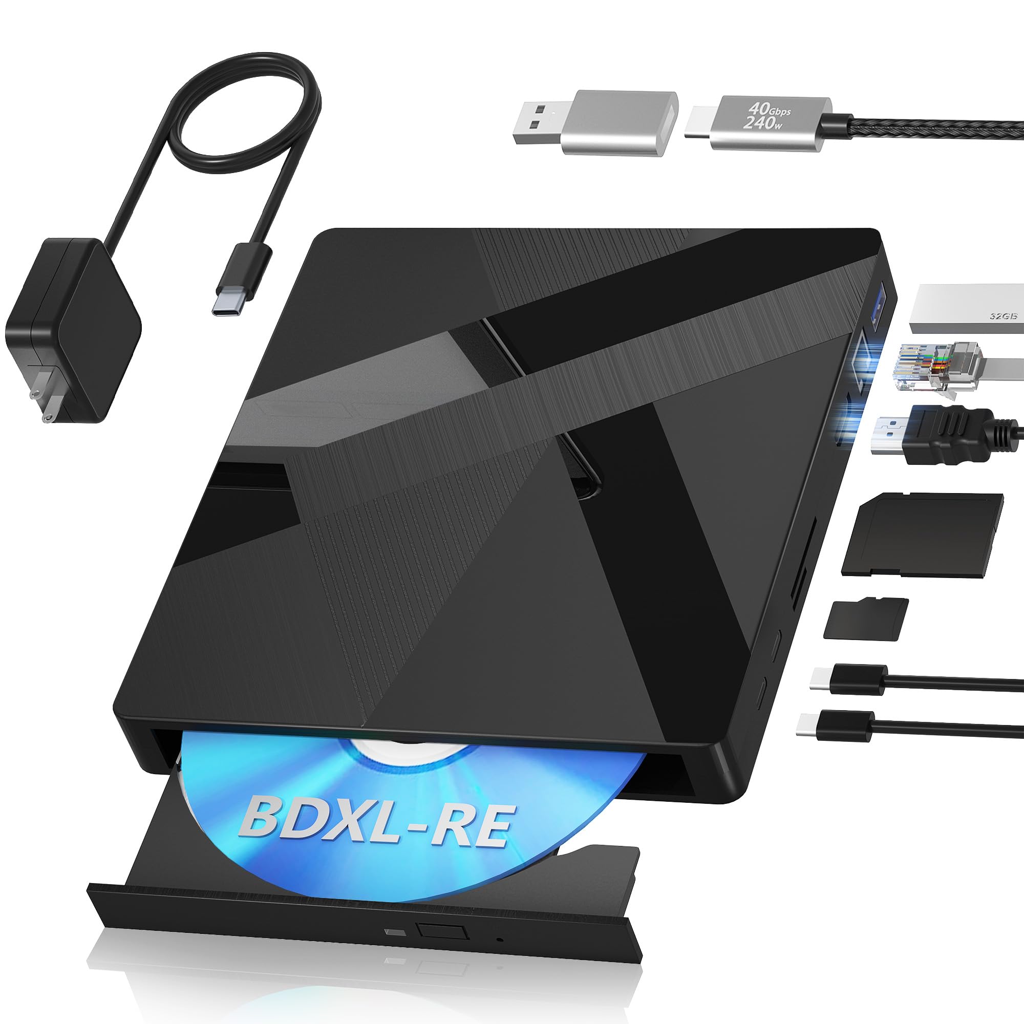 Wbacon External Blu ray Drives, 40Gbps External Bluray Burner with HDMI & LAN, Support 100GB BDXL-RE Disc Reading/Writing, External Blueray/DVD Drive