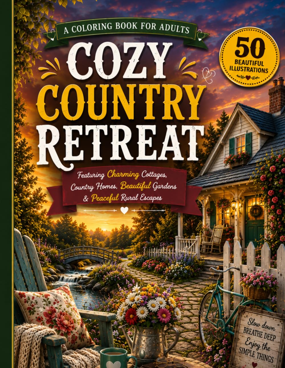 Cozy Country Retreat: A Coloring Book for Adults Featuring Charming Cottages, Country Homes, Beautiful Gardens & Peaceful Rural Escapes