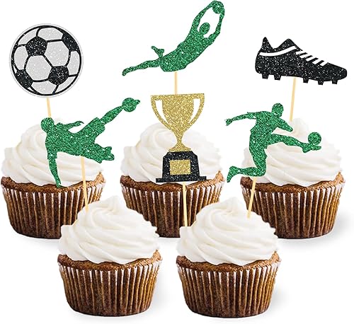 24 piezas de decoración para cupcakes de fútbol con purpurina para decoraciones de fiestas temáticas de la Copa del Mundo decoración de fiesta