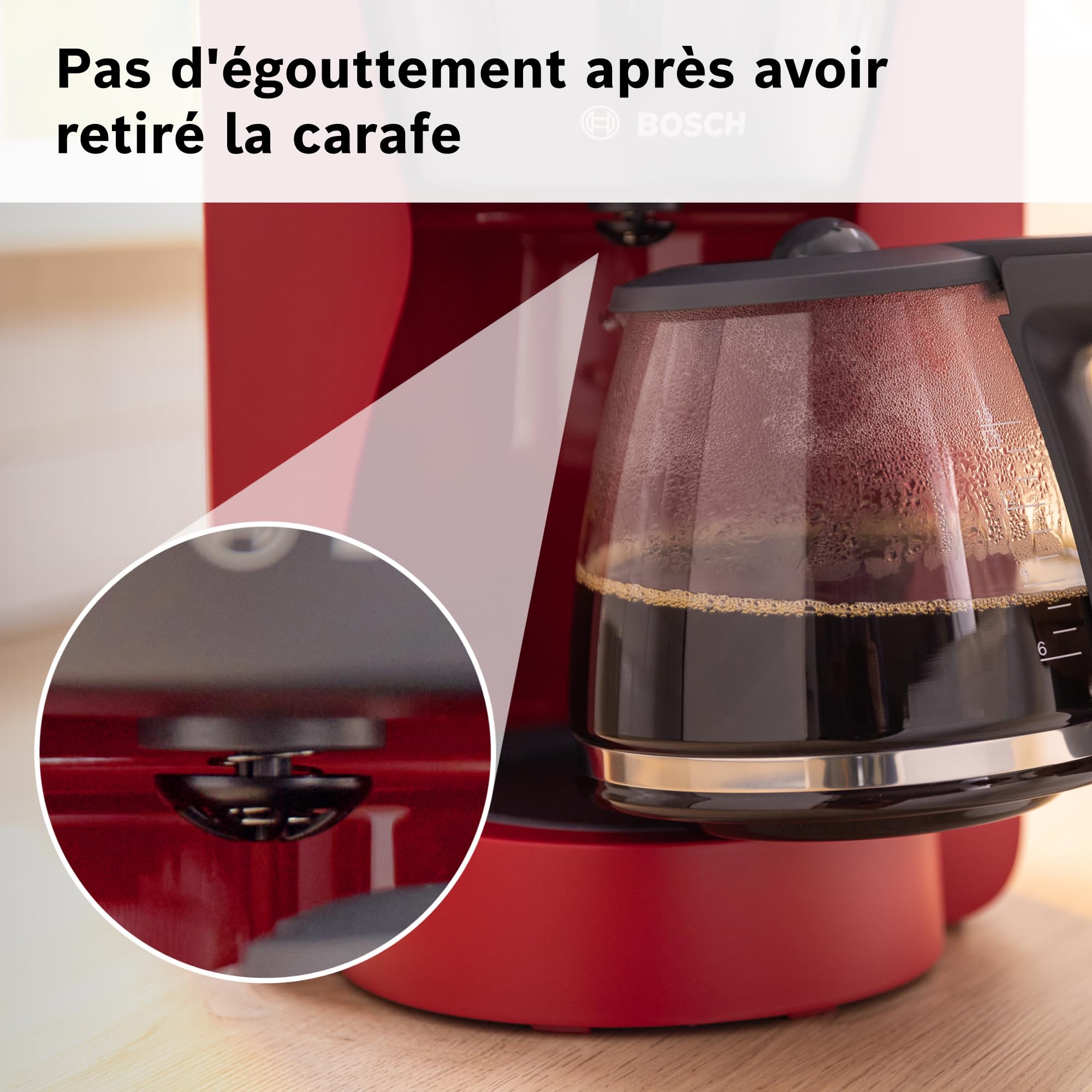 Bosch, machine à café filtre, MyMoment, réservoir d'eau amovible, carafe en verre, arrêt automatique, fonction Anti-Goutte, maintien au chaud 40 minutes, rouge foncé, TKA2M114