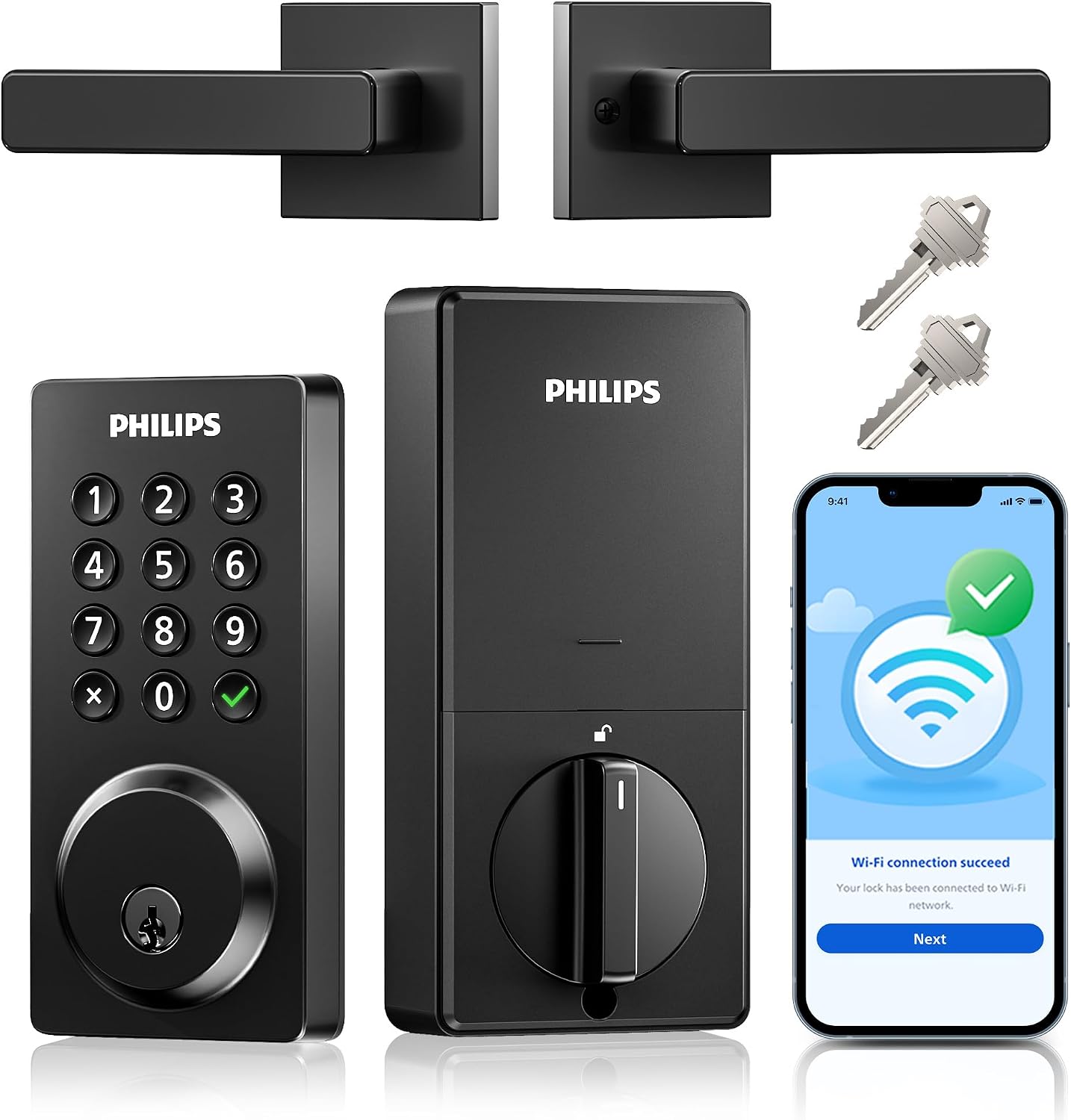 WiFi Keypad Door Lock with Handle, App Control Smart Deadbolt Lock | 100 User PIN Codes, Anti-Peep Code, Waterproof, Auto Lock, Support Alexa & Google Voice