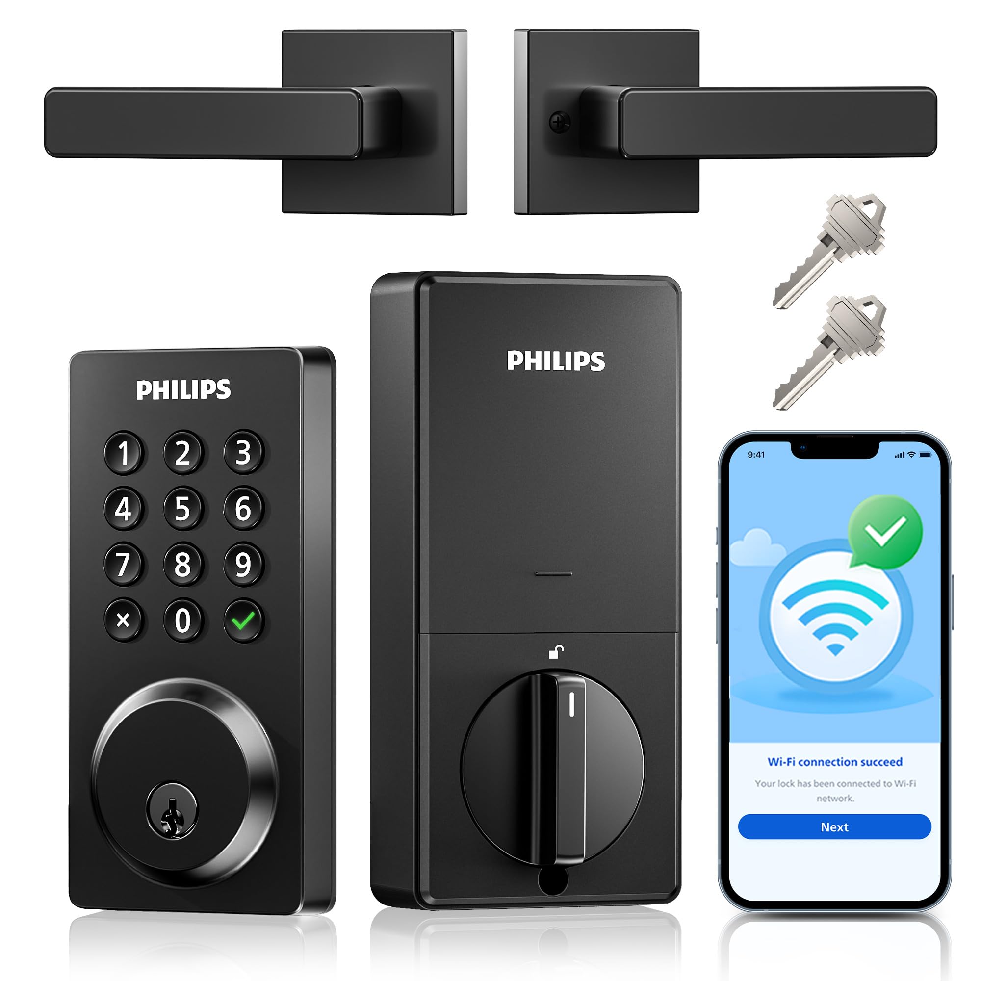 Photo 1 of Philips WiFi Smart Door Lock with Handle, Built-in WiFi App Remote Control, Keyless Entry Door Locks for Front Door, Smart Deadbolt Auto Lock, Support Alexa & Google, IP54 Waterproof, Matte Black