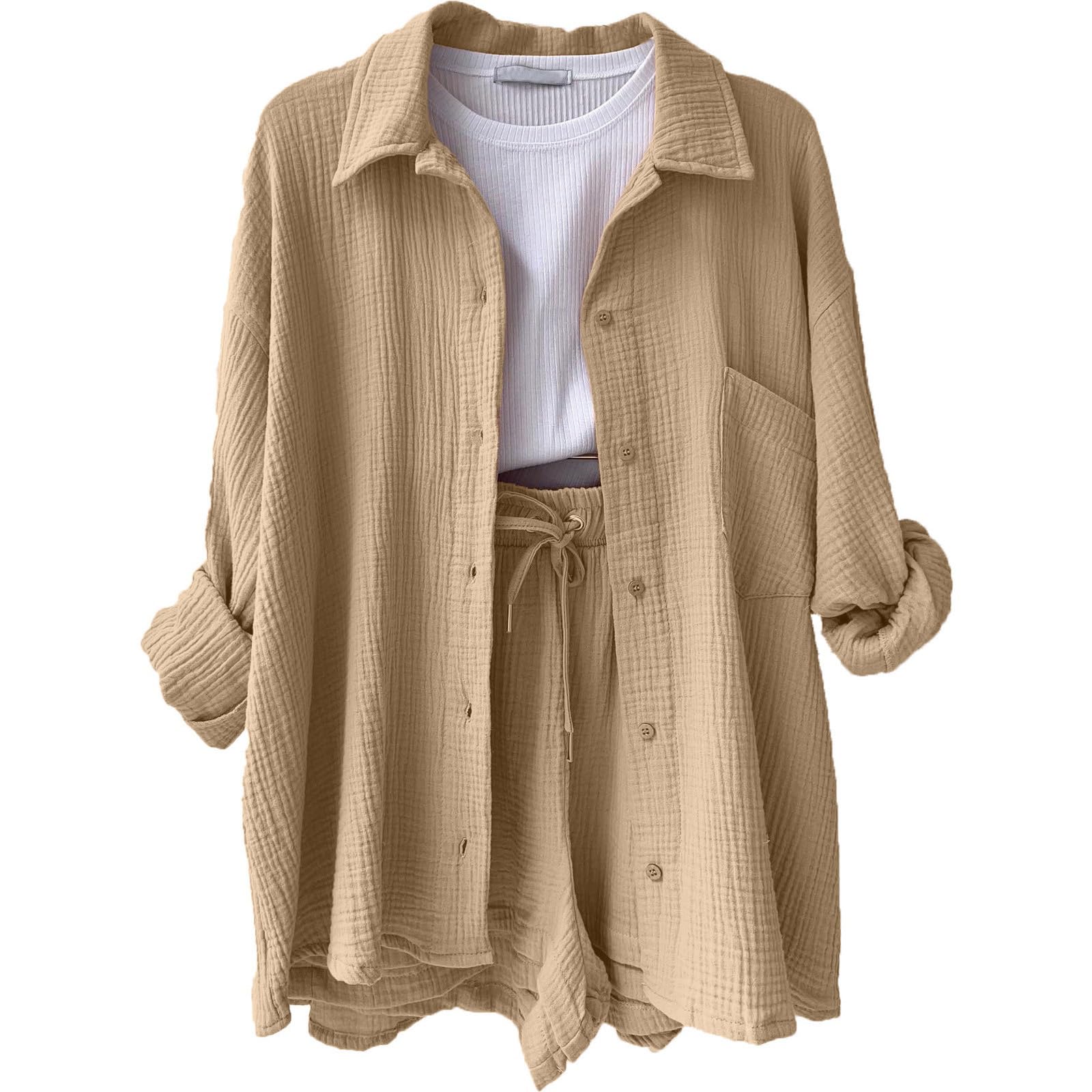 Zweiteiler Damen Sommer Sportanzug Damen Musselin Bluse Und Shorts 2 Teiler Locker Loungewear Leicht Atmungsaktiv Freizeitanzug Elegant Hausanzug Frauen Strand Urlaub Outfit Longbluse Hosenanzug