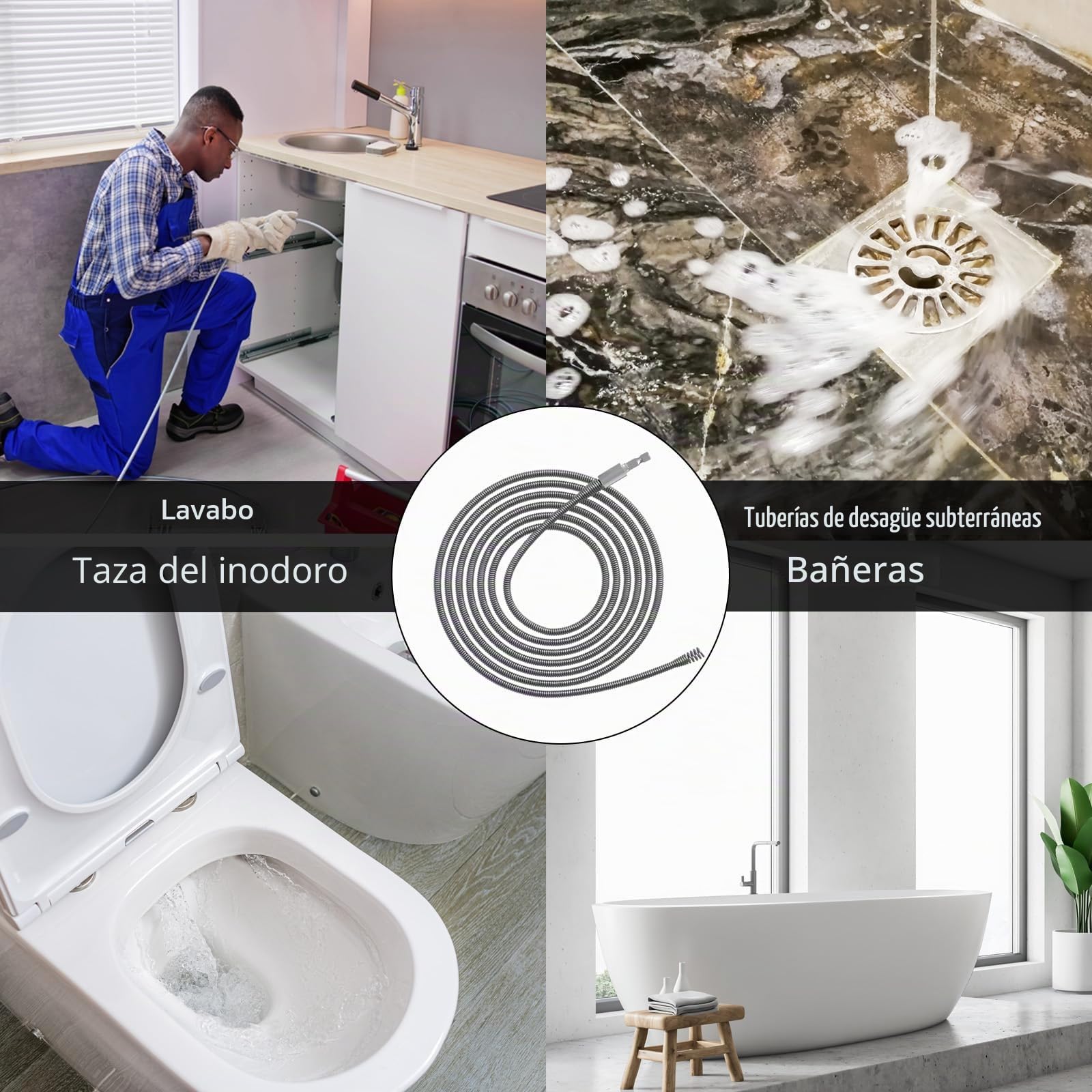 Espiral para limpieza de tuberías, diámetro de 6 mm, espiral de limpieza con adaptadores eléctricos y manuales, limpiador de tuberías en espiral, espiral eficiente (5 m)
