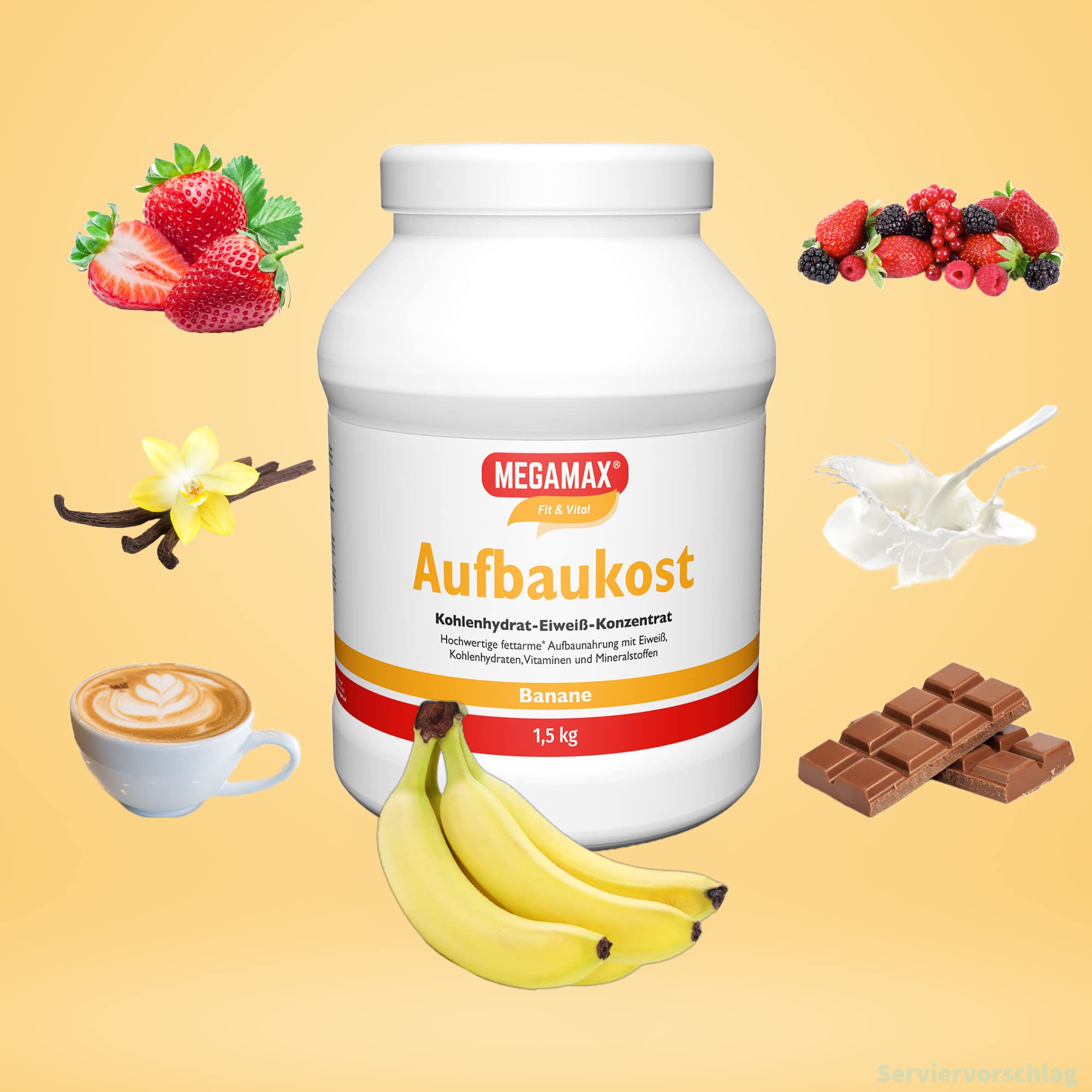 MEGAMAX Aufbaukost Banane 1.5 kg Ideal zur Kräftigung und bei Untergewicht. Proteinpulver zur Zubereitung eines fettarmen Kohlenhydrat-Eiweiß-Getränkes für Muskelmasse u. Muskelaufbau Gewichtszunahme