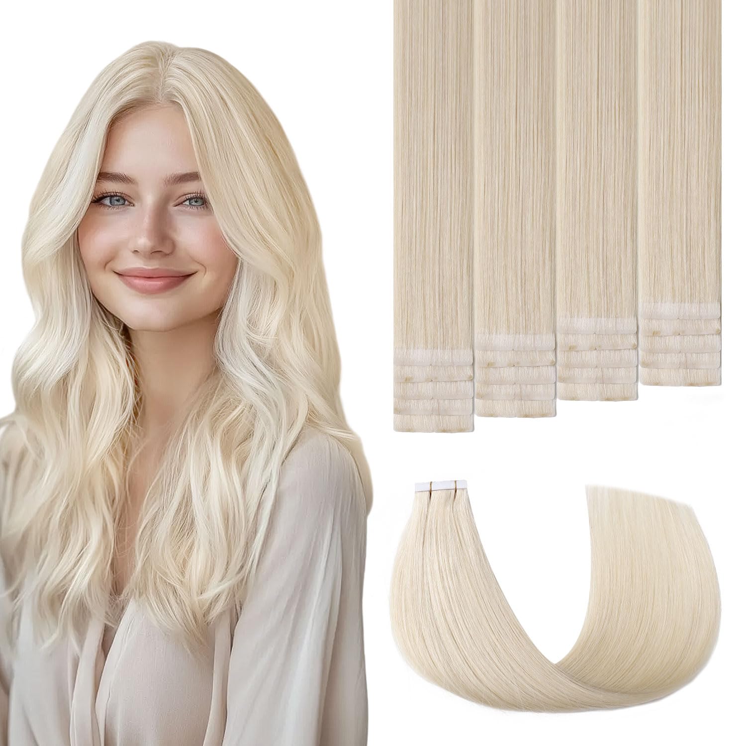 Sweetmet 3rd-Generation Invisible Tape in Hair Extensions Real Human Hair #60 Platinum Blonde 20pcs 45g 20inch Seamless Injection Hand-Tied Invisi