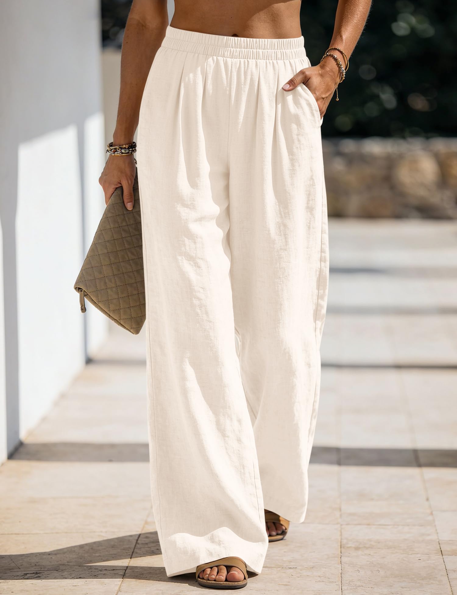 Rapbin Leinenhose Damen Weites Bein Sommerhose Baumwolle Freizeithose Elegante Stoffhose Leinen Leicht Loose Fit Casual Locker mit Taschen Casual Palazzo