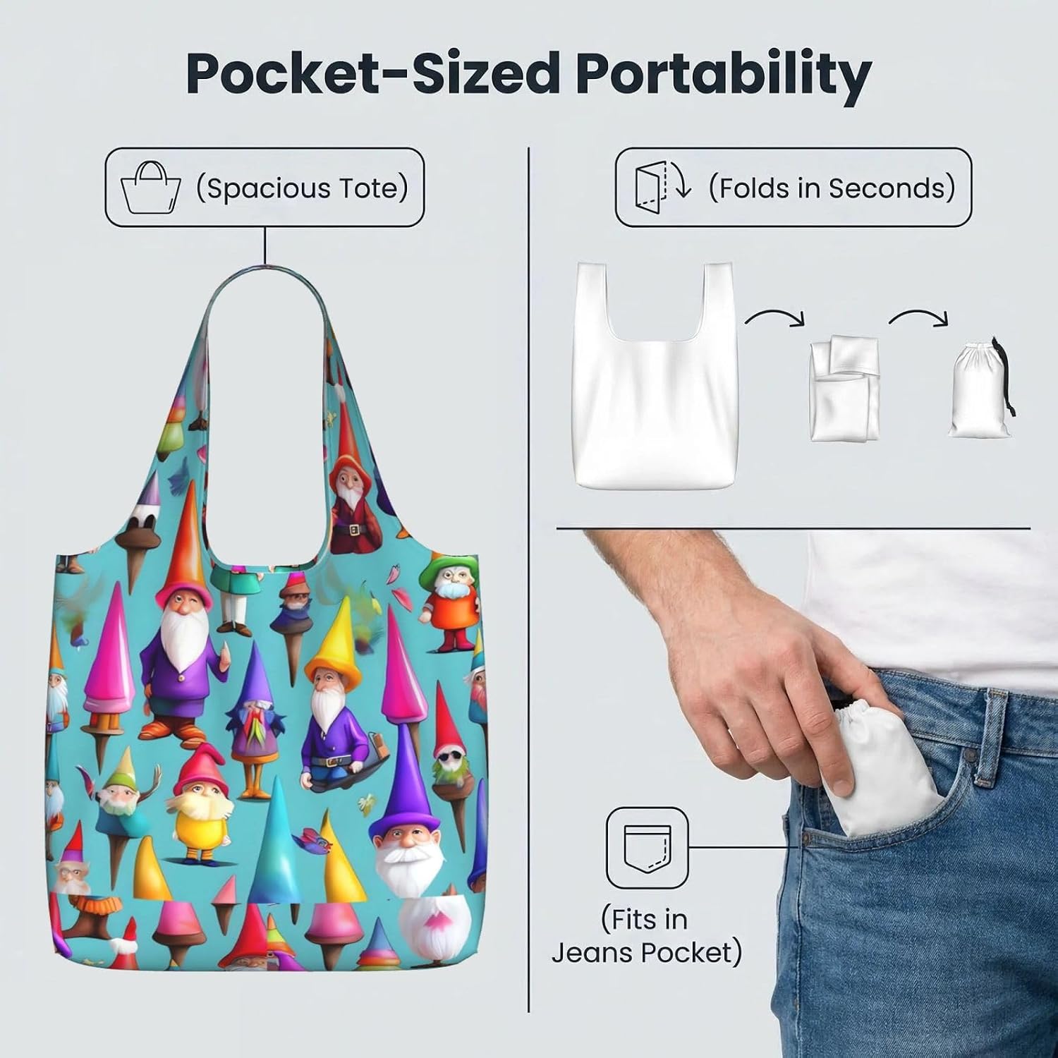 Reusable Shopping Bags Lightweight Foldable Grocery Bags In Pocket,Washable Large Tote Bags Colorful Gnomes Travel Shoulder Bag Gifts For Women Men image 5