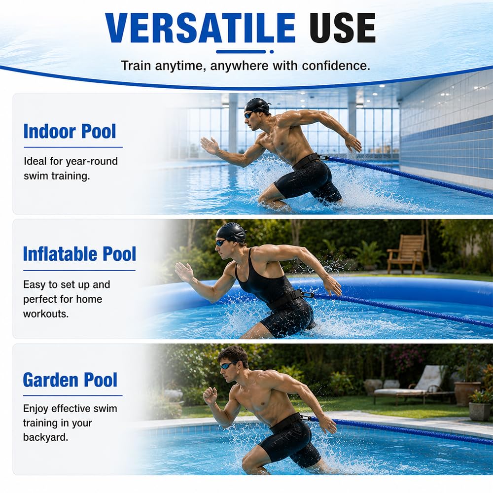 Schwimmgurt Pool, Einstellbare Schwimmgurt Pool Erwachsene, Schwimmtrainer mit 2,5-7,5 M Elastischen Gummibändern, Schwimmtrainer Gürtel für Pooltrainer, Erwachsene