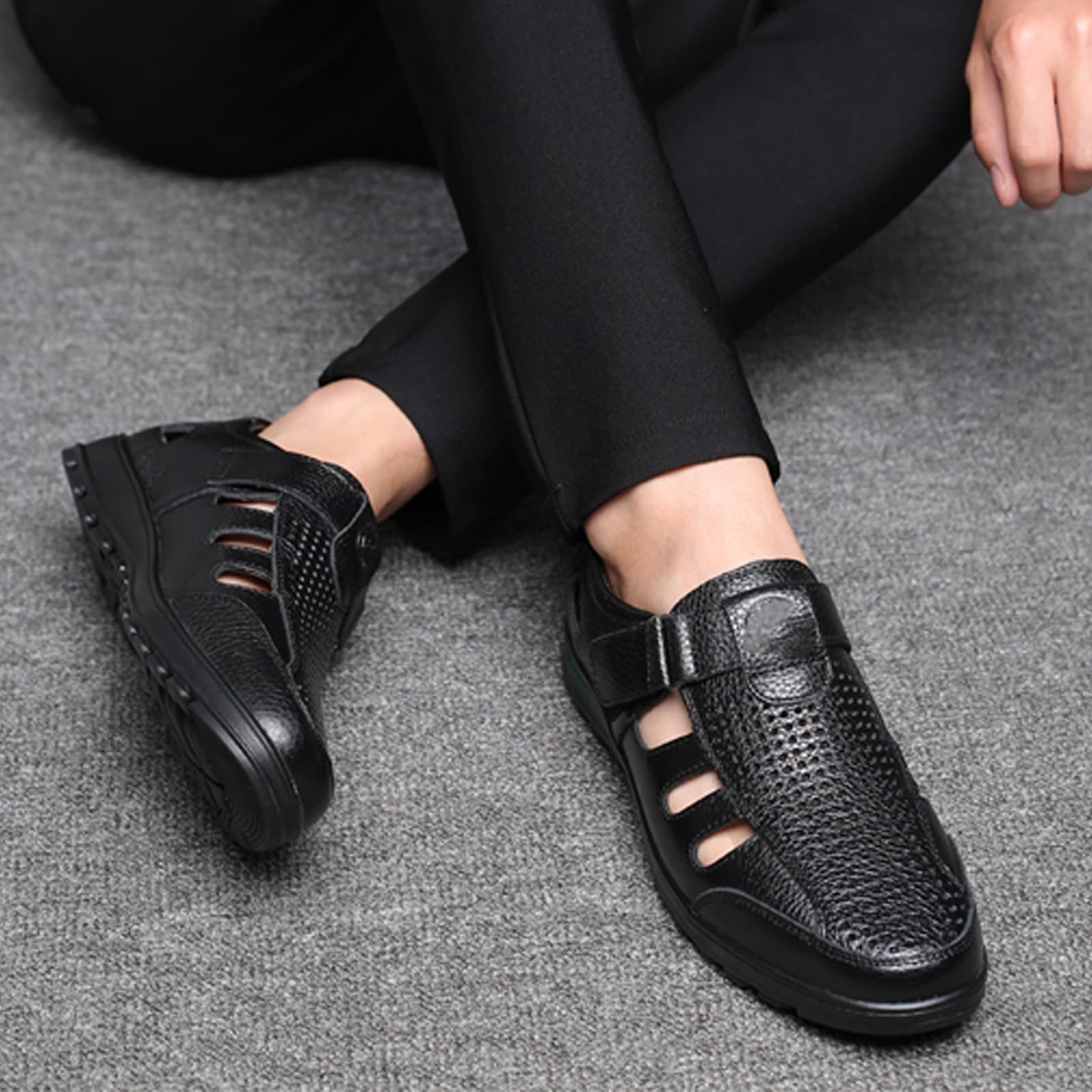 Sandali estivi da uomo in pelle traspirante casual punta chiusa comode scarpe da passeggio abito leggero antiscivolo suola morbida piatta