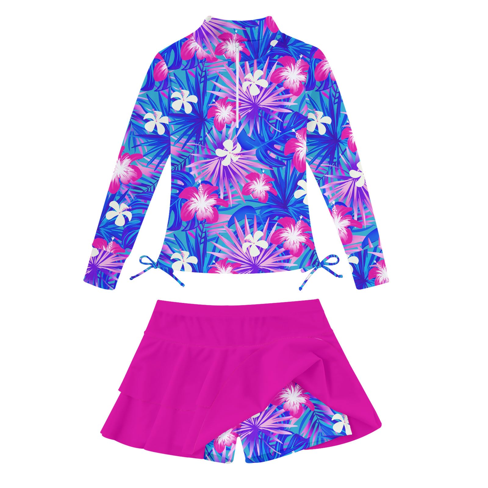 Vogseek 3-12T Girls Rash Guard 2 Pieces Bathing Suit Long Sleeve Swimsuit Swimming Skirt with Shorts Swimwear