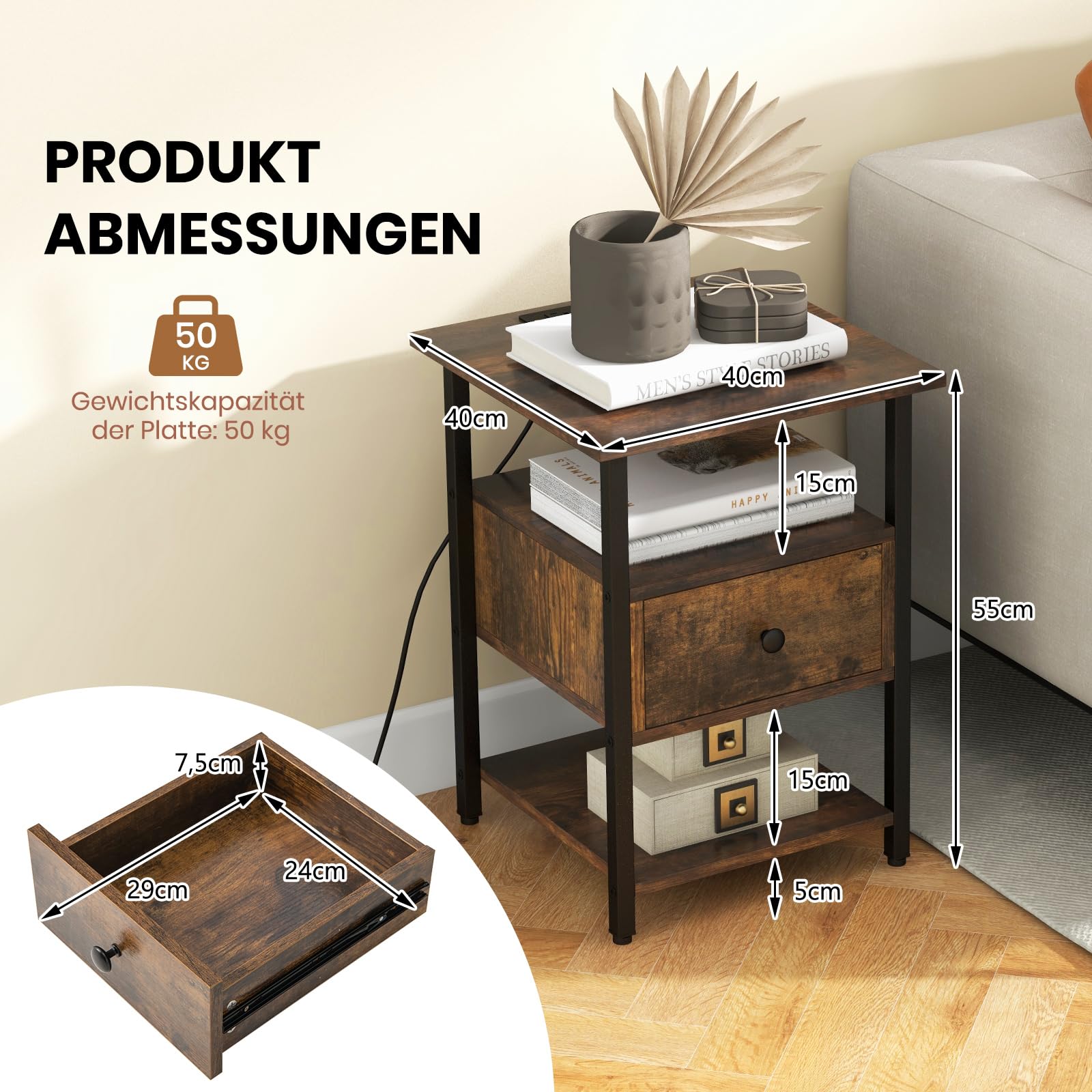 RELAX4LIFE Nachttisch mit Ladestation, Nachtschrank mit 2 Steckdosen, 1 USB- & Typ-C-Anschlüsse, Beistelltisch mit 1 Schublade & offenen Ablagen, für Wohnzimmer, Schlafzimmer, 40 x 40 x 55 cm (1)