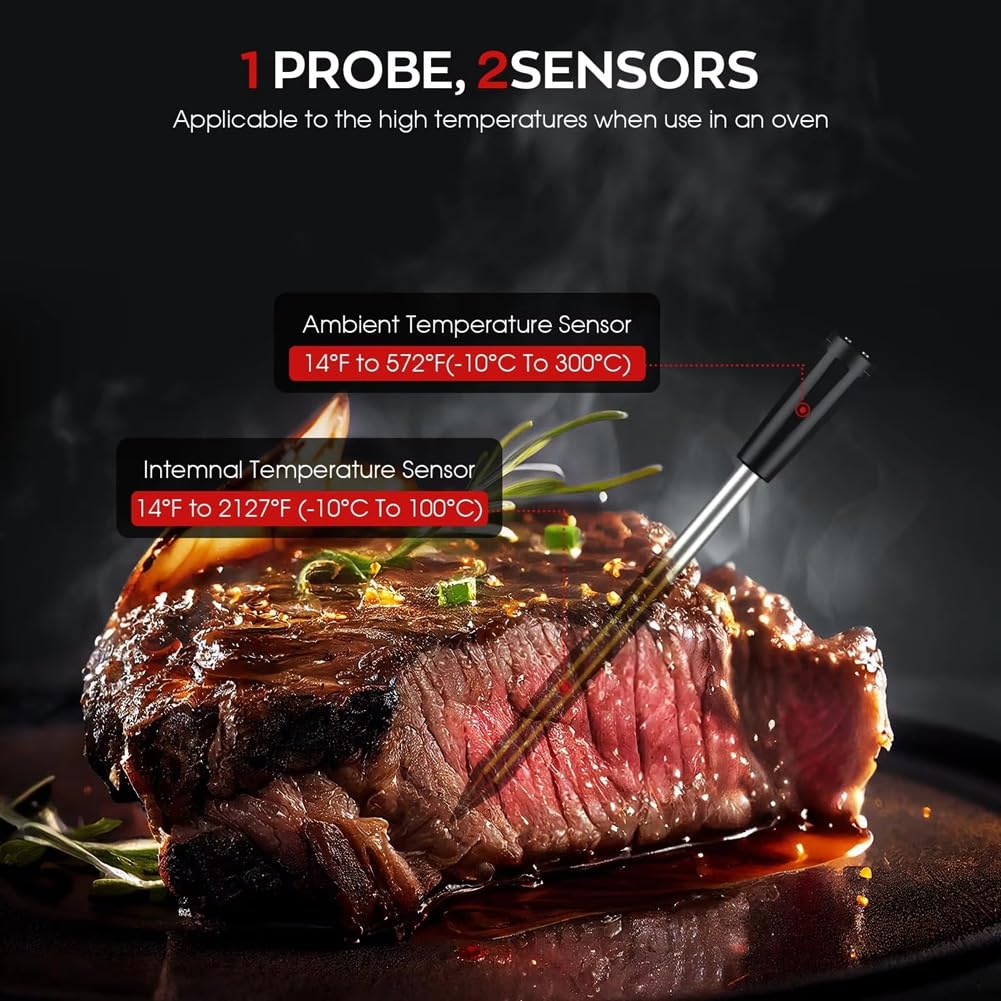 Termómetro Inalámbrico para Carne, Termómetro Digital con Sonda Bluetooth de 360 Pies, Compatible con para Monitoreo Remoto por Aplicación para Horno y Ahumador