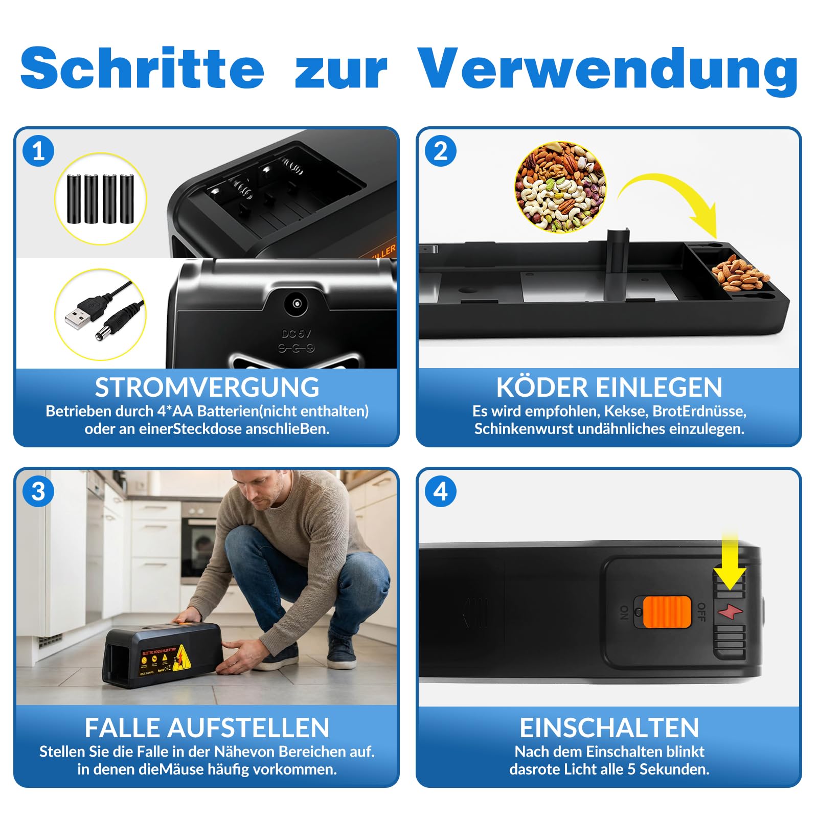 Rattenfalle Elektrisch, Electric Rat Trap, Elektrische Mausefalle mit Großem Einlass, High Voltage 2800 V für Mäuse und Ratten, Sofortige und Schmerzlose Bekämpfung, Wiederverwendbar