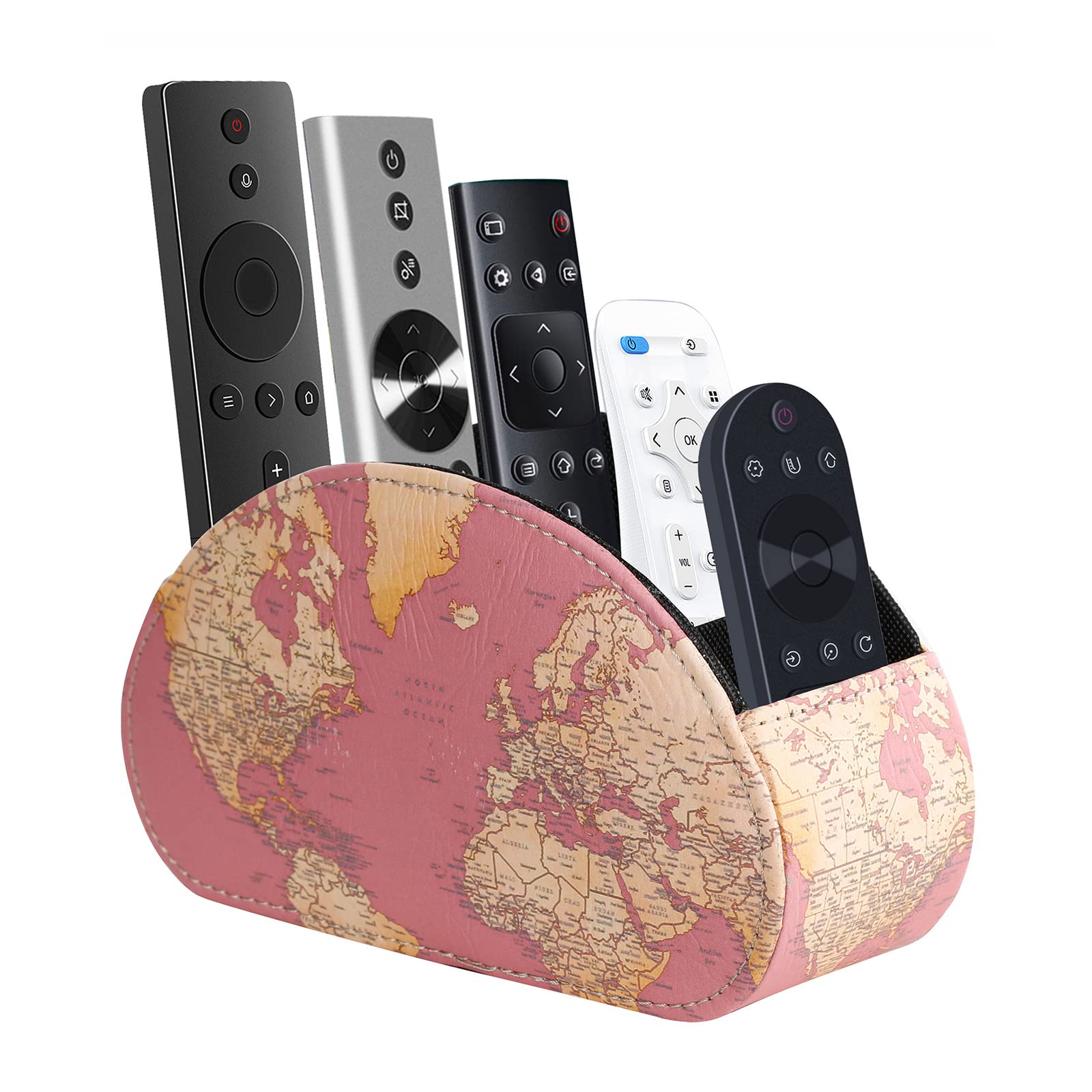 Remote Control Holder for Table, PU Leather TV Controller Holder with 5 Compartments for Cosmetics Office Supplies, Gifts for Women Boysfriend, Modern Pink World Map PH70