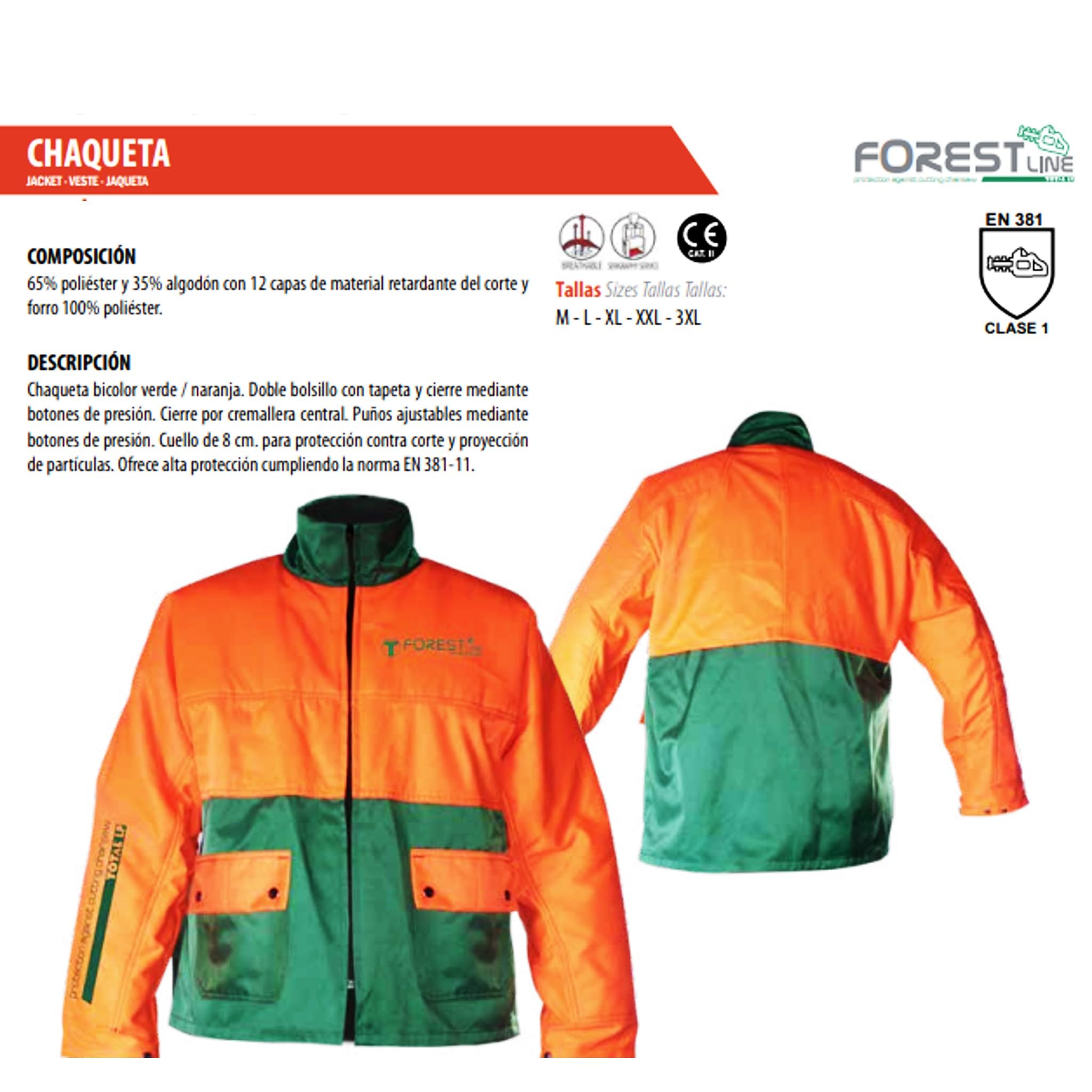 Bricoloco Giacca e Salopette pantaloni antitaglio Motosega 65% Poliestere e 35% Cotone con 12 Strati di Materiale Ritardante Taglio e Fodera 100% Poliestere.