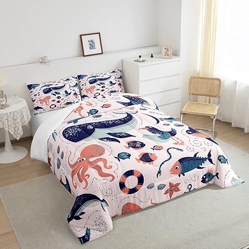 Miniatura 4 de Erosebridal Juego de edredón de animales costeros para niños y niñas, juego de ropa de cama de ballena de dibujos animados, tamaño individual, lindo