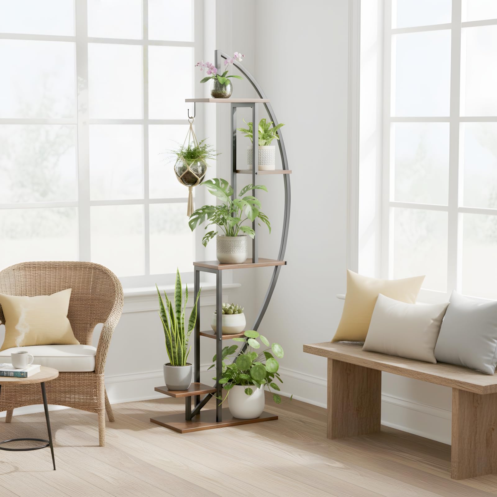 6 Ebenen Pflanzenständer mit Wachstumslicht, Großes Blumenständer 160cm Hoch, Metall-Holz Pflanzenregal Indoor & Outdoor Blumenregal für Wohnzimmer Balkon Flur, 50 x 30 x 160 cm