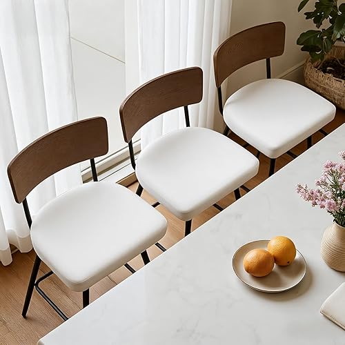 Miniatura 7 de Juego de 3 taburetes de bar giratorios de 26 pulgadas de altura de mostrador con respaldo de madera, taburetes de bar tapizados de piel sintética