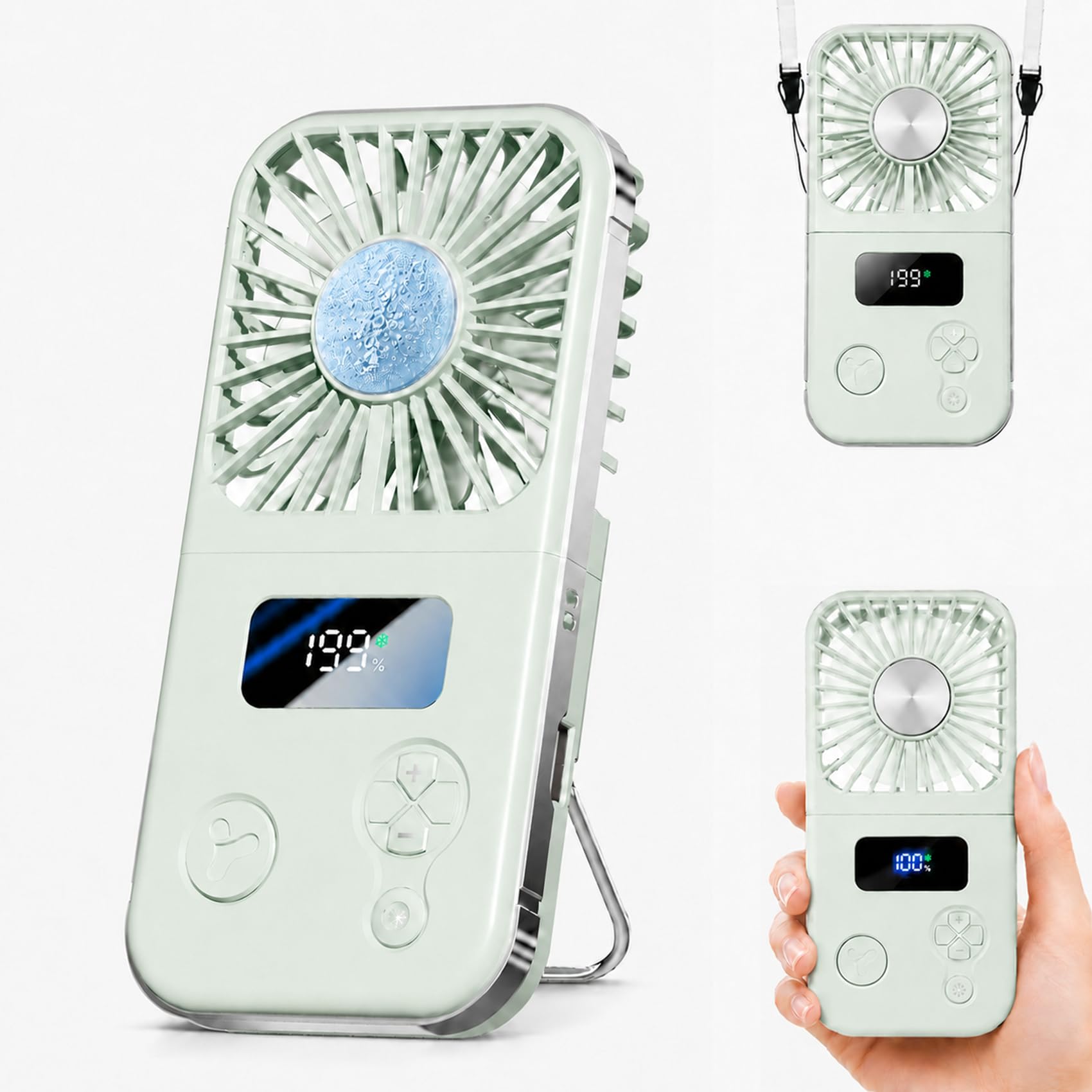 Handheld Fan Rechargeable, Portable Mini Fan with Ice Cooling Plate, 199 Speeds Foldable Hand Held Fan, USB-C Personal Desk Fan with Digital Display & Lanyard for Travel Outdoor Office Camping