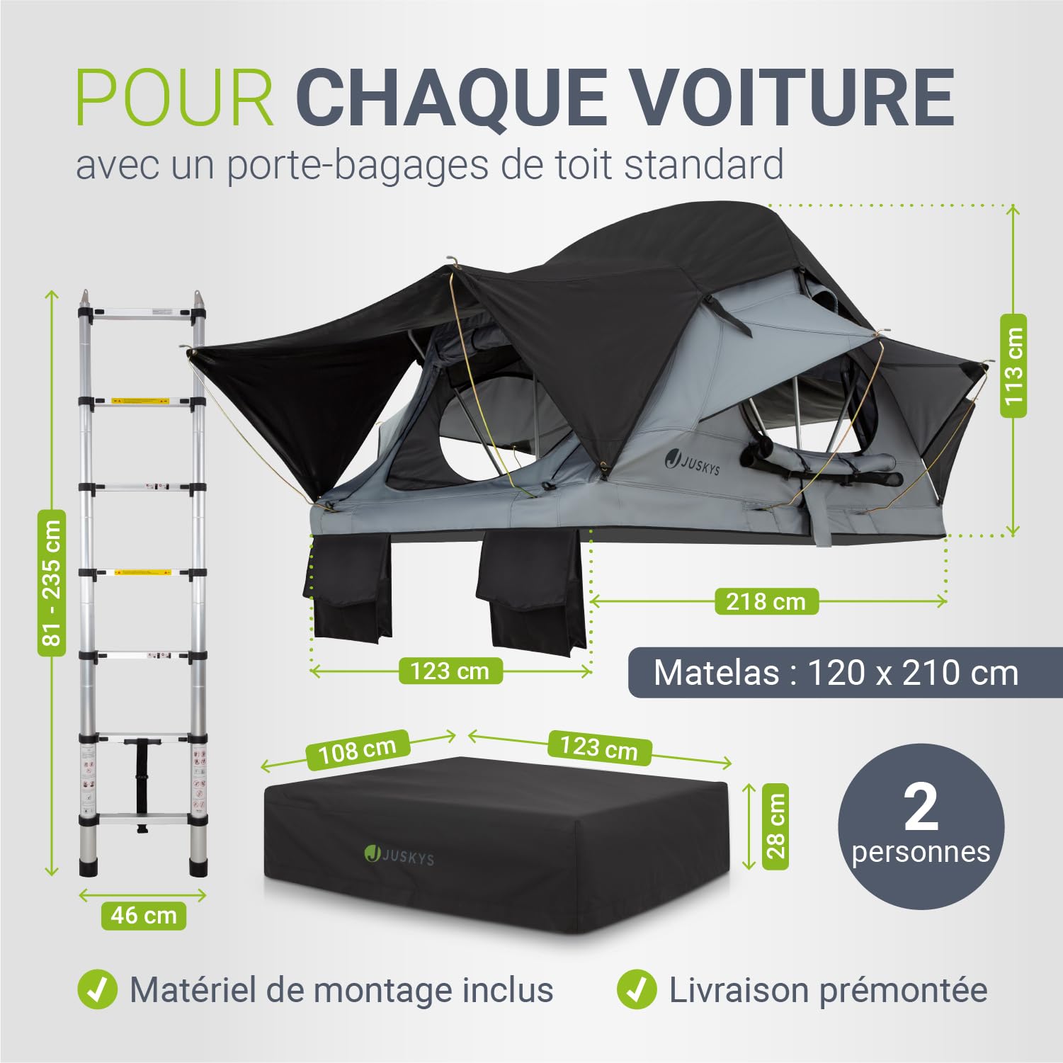 Juskys Tente de toit Lago pour voiture, construction robuste, imperméable et protection UV, tente de toit de voiture, camping, éclairage LED