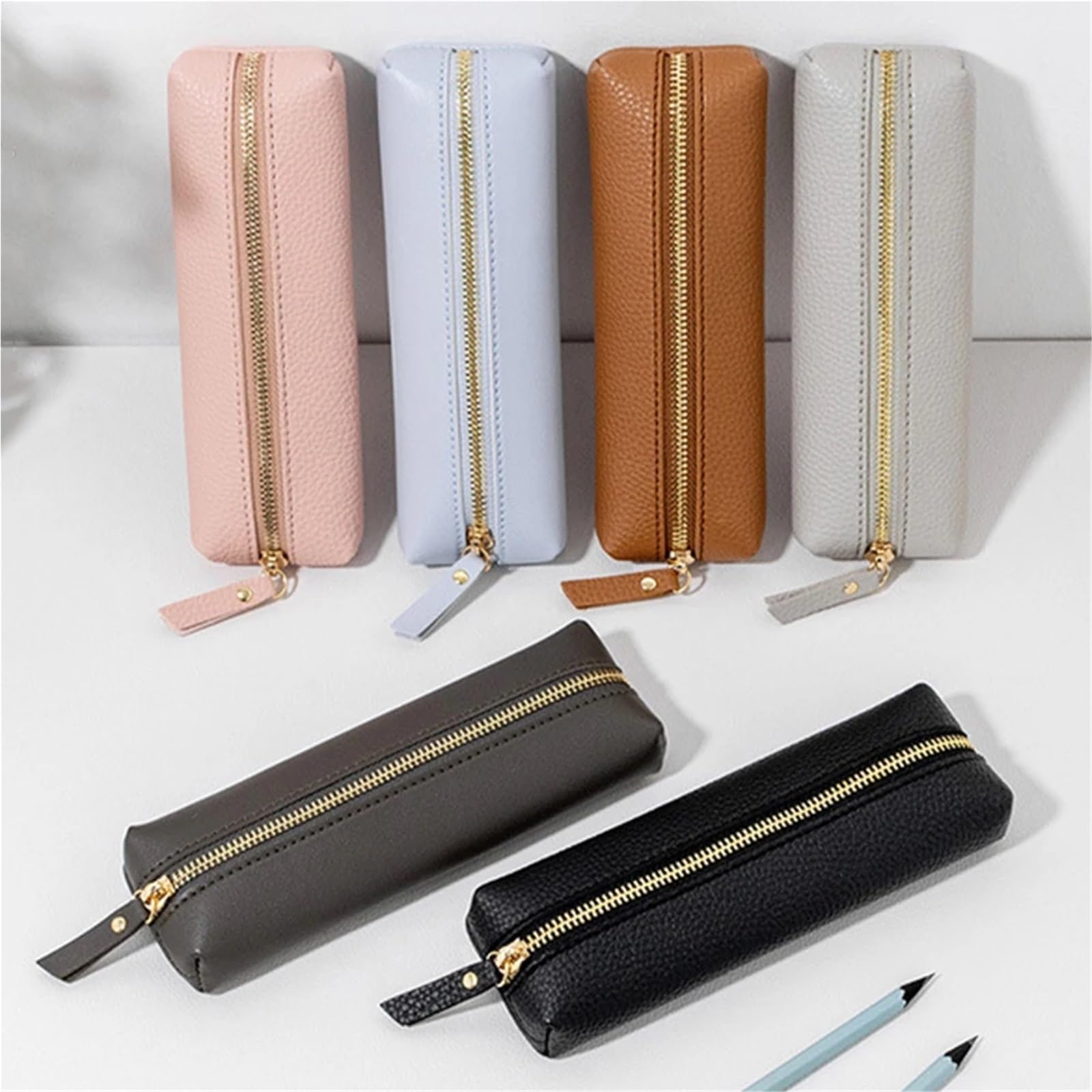 Sac à stylos de grande capacité 2 pièces, étui à stylos en cuir, boîte de rangement de papeterie, pochette à crayons à fermeture éclair, fournitures scolaires Pour l'École Et Le Bureau(Dark grey)