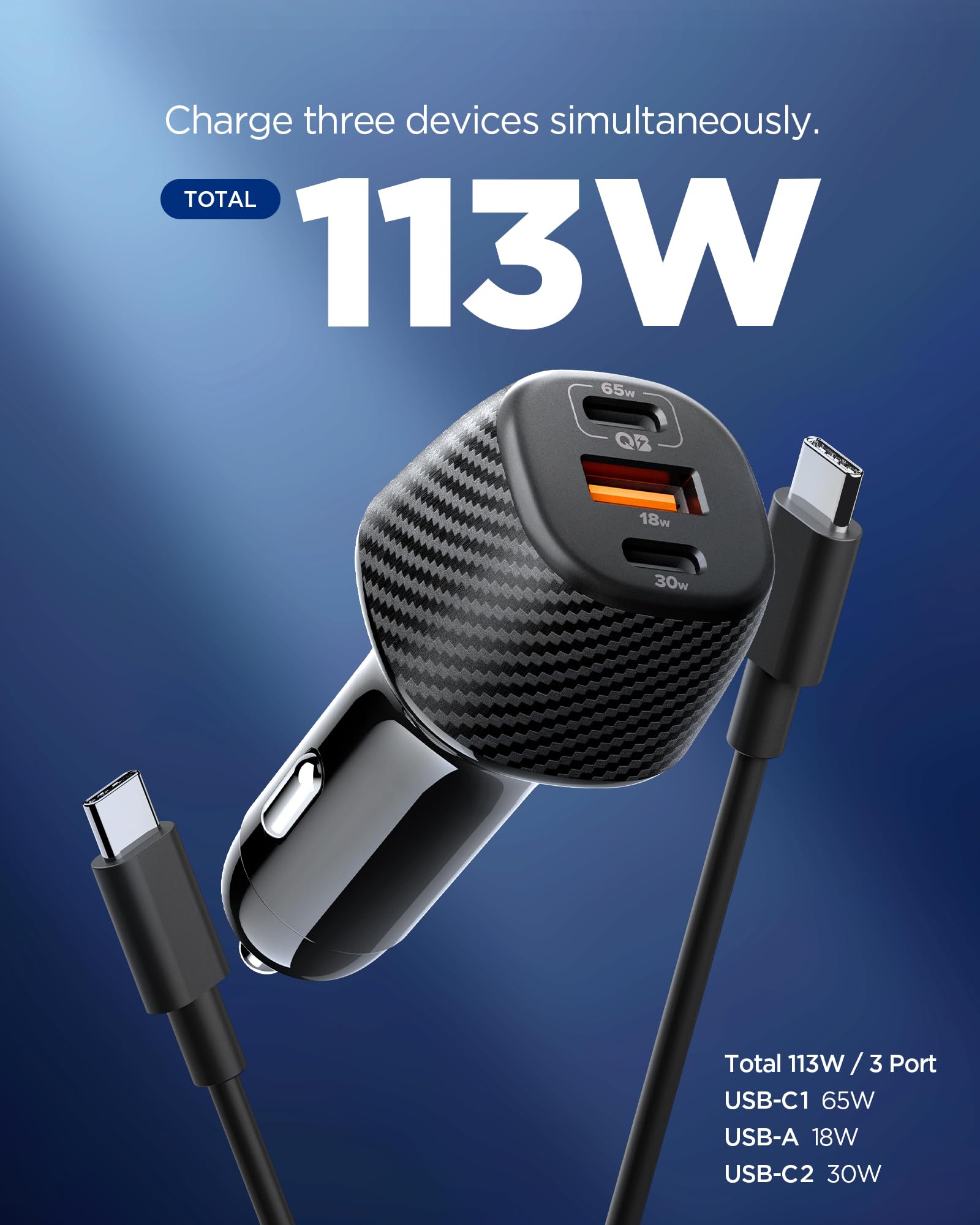 Spigen ArcStation Essential 113W Caricatore Auto USB C Rapido [Cavo E-Marker Incluso & 3 Porte] Mini Caricatore Accendisigari Compatibile con iPhone 17 17e 16 15 Samsung S26 S25 Google Pixel 10a 10