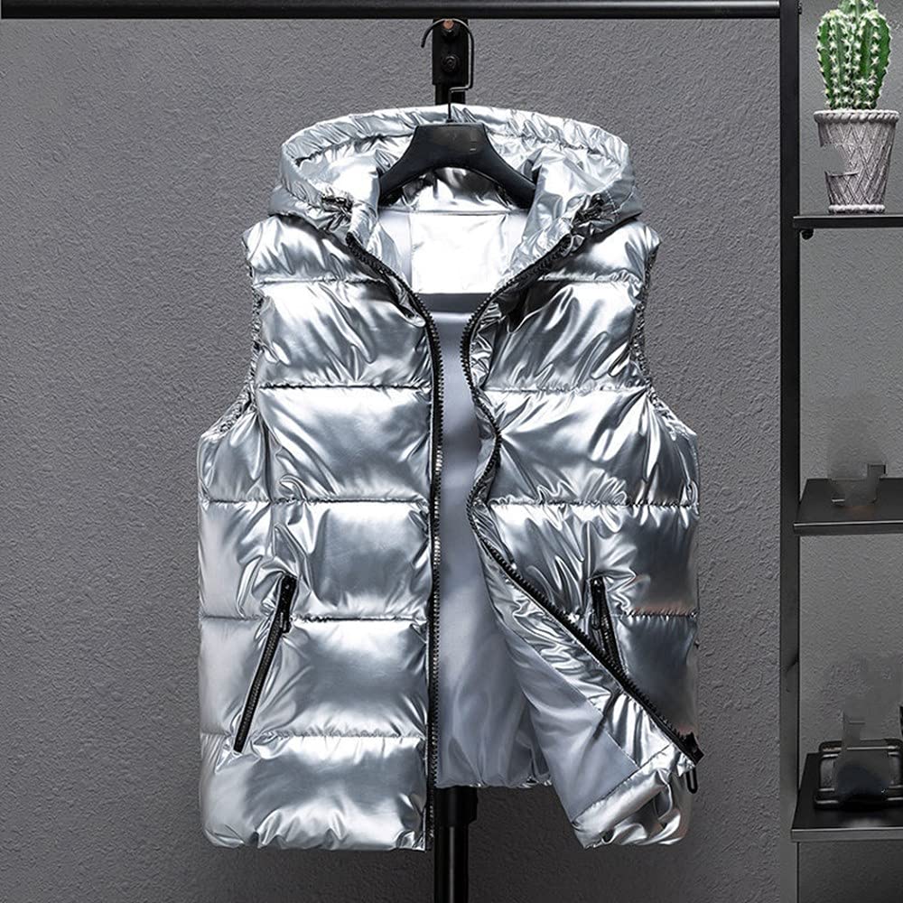 Gilet Femme en Duvet - Hiver Grande Taille Dames Doudoune Mode Brillant À Capuche Épais Rétro Veste Courte Imperméable sans Manches Doudoune Veste Chaude Argent Gilet Sports De Plein Air Élég