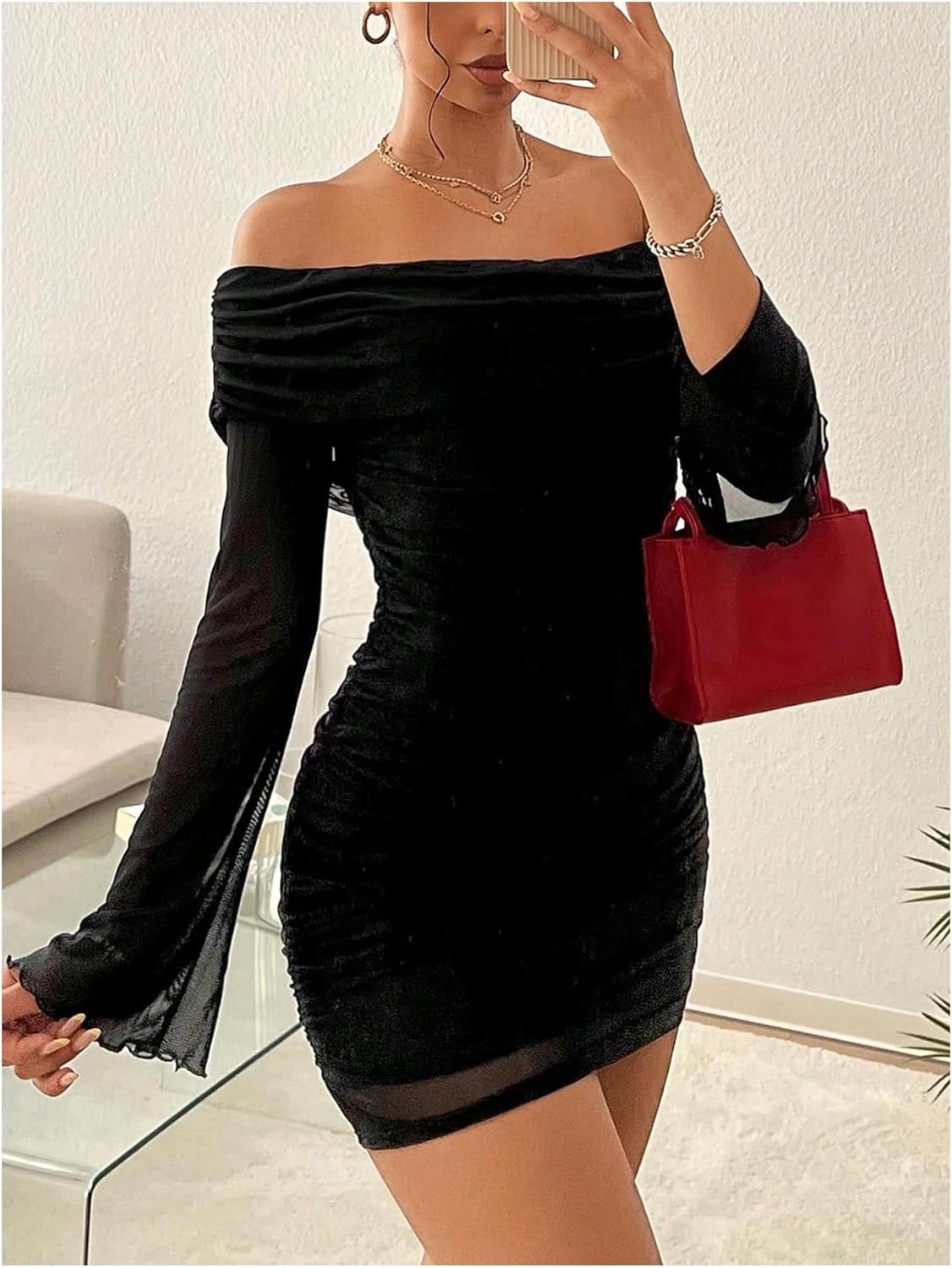 SOLY HUX Women's Ruched Mesh Off Shoulder Bodycon Mini Dress Bell Long Sleeve Club Party Dresses - Image 4
