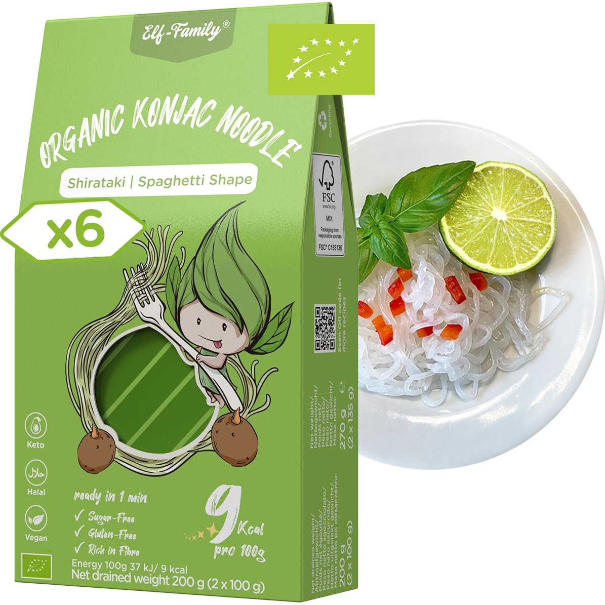 Elf-Family 270g x6er Box(12 pack) Bio Konjak Nudeln Ultra Low Carb Shirataki Nudeln Vegan Glutenfrei-Instant Nudeln ohne kohlenhydrate/Keto/Kalorienarme/Fettfrei/Zuckerfrei -Spaghetti MHD: 12/11/2026