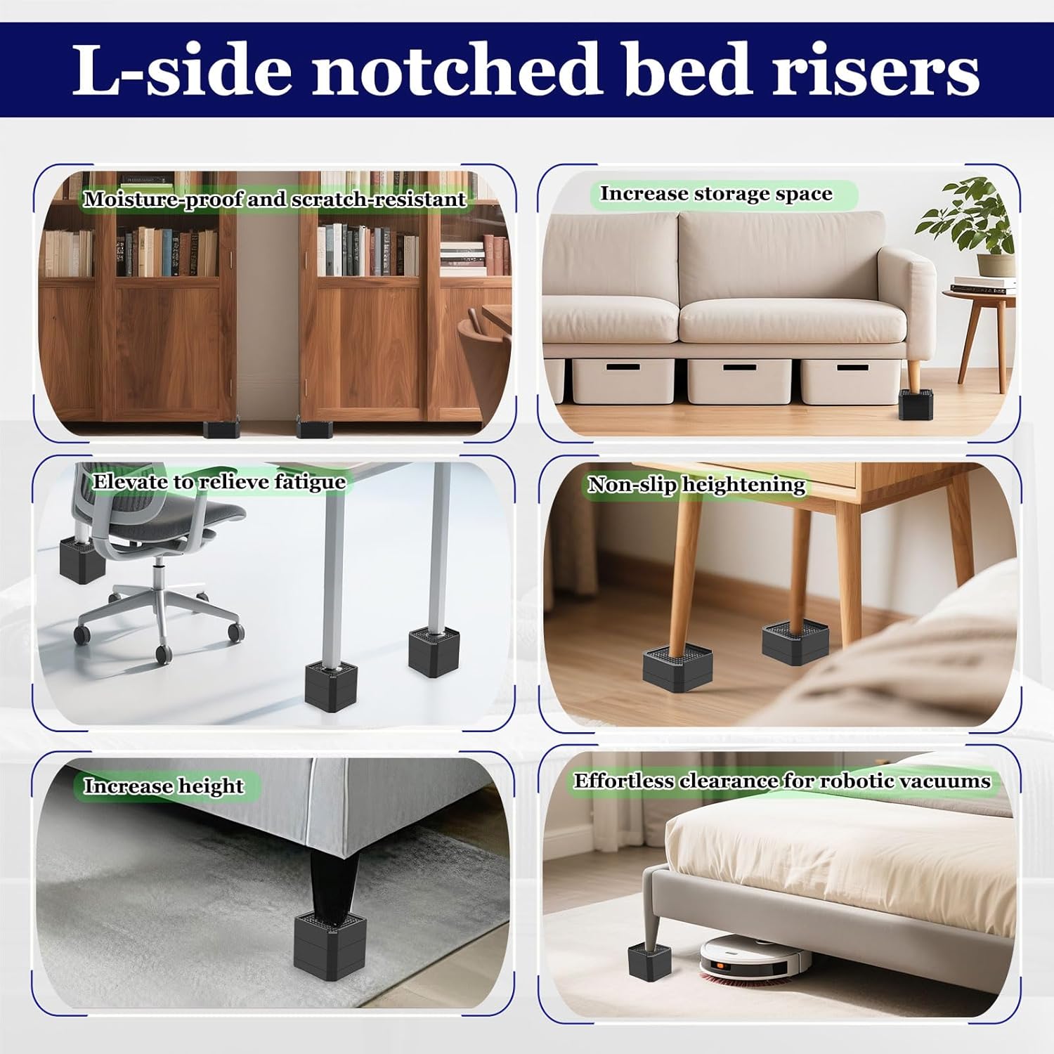 Bed Risers Heavy Duty, Adjustable Furniture Riser Blocks Lift 1.5, 3, 4.3 inches for Couch Table Desk Sofa Chair Legs, Refrigerator, Washing Machine - Support up to 4000 lbs (Black 8 Pack, 3 inch)