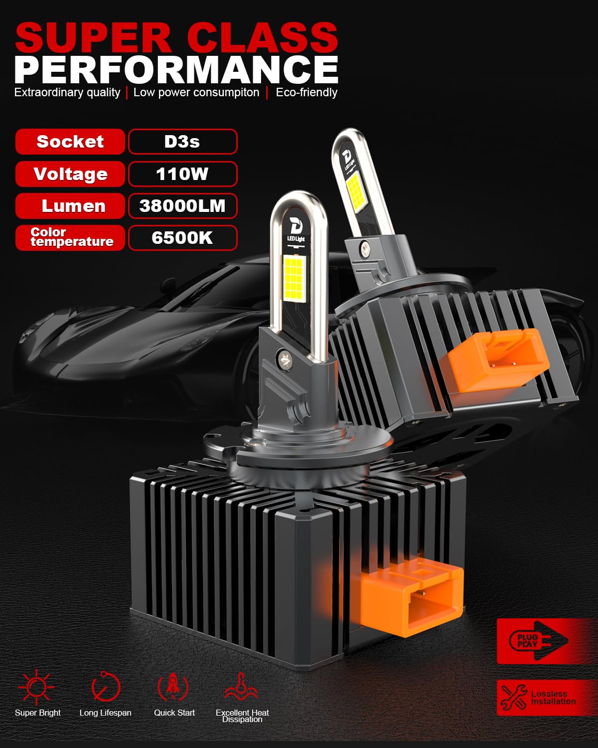 D3S LED Lampadina, per Auto a Prova di Errore Canbus 38000LM 110W Auto D3S Xenon Kit, 6500K Lampadine Per Fari, Sostituisci Lampadine Allo Xeno HID OEM Plug and Play - 2 Lampade