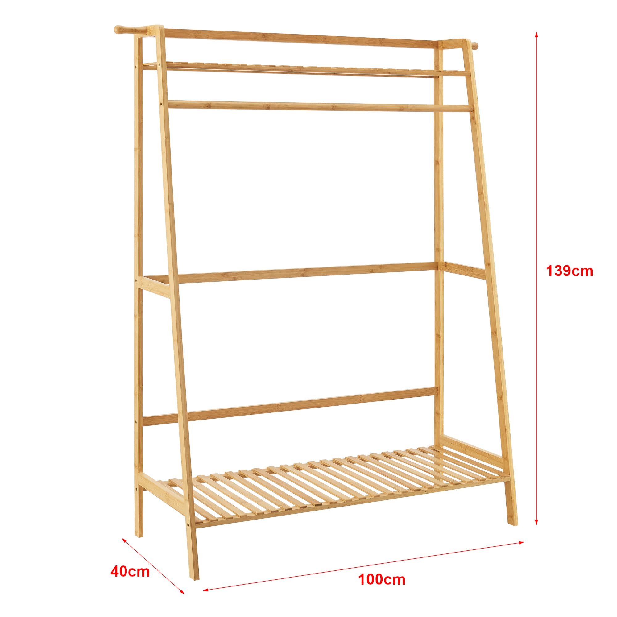 [en.casa] Stand Appendiabiti in bambù (AxLxP) 139 x 100 x 40 cm Organizzatore Guardaroba - Porta Abiti con Barra, 2 Ripiani e 2 Ganci Laterali