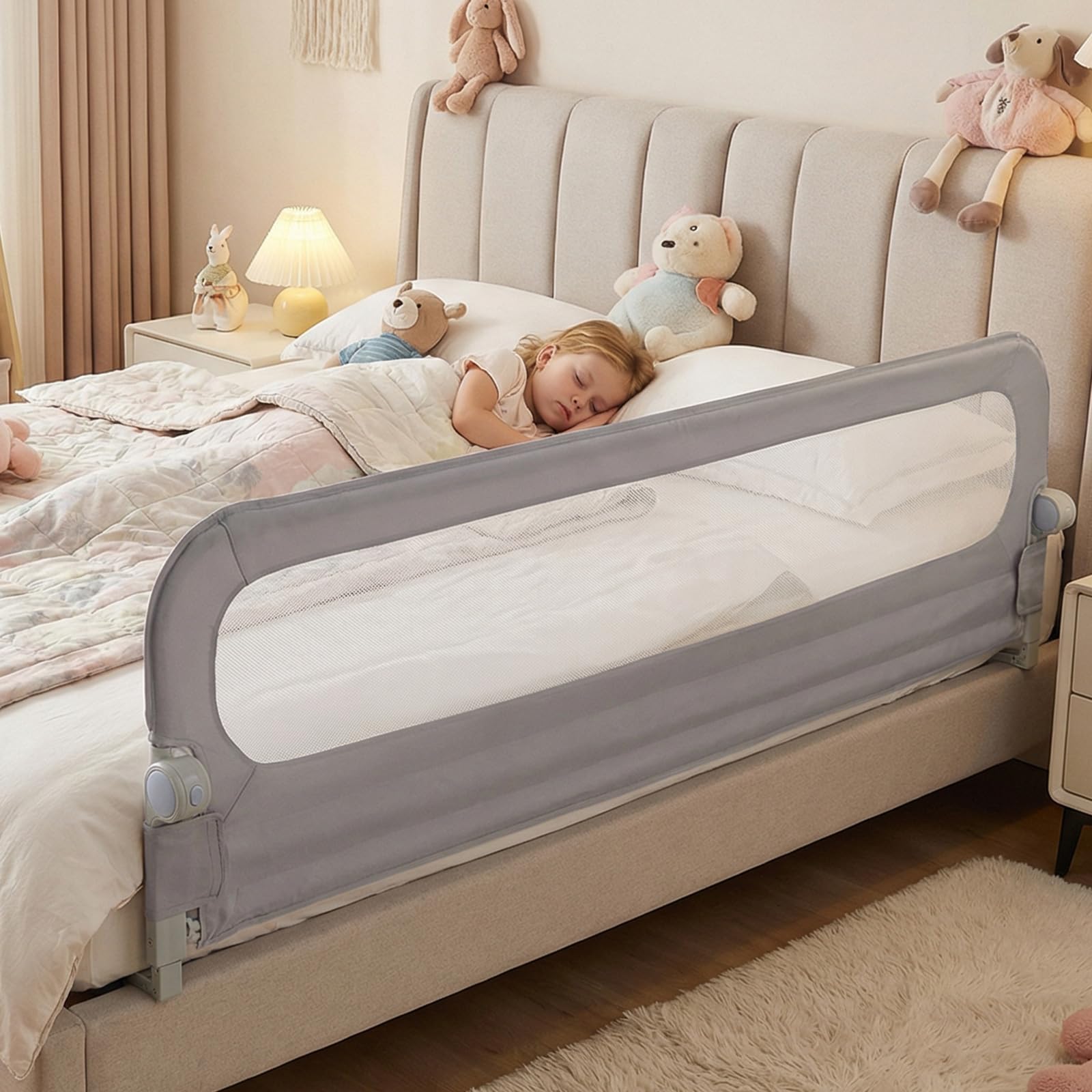 COSTWAY Sponda Letto per Bambini 80/120/150/180/200 cm, Barriera di Sicurezza per Neonati, Altezza Regolabile a 3 Livelli, Barriera Letto Pieghevole, con Cinghia di Sicurezza (200 cm,Grigio)