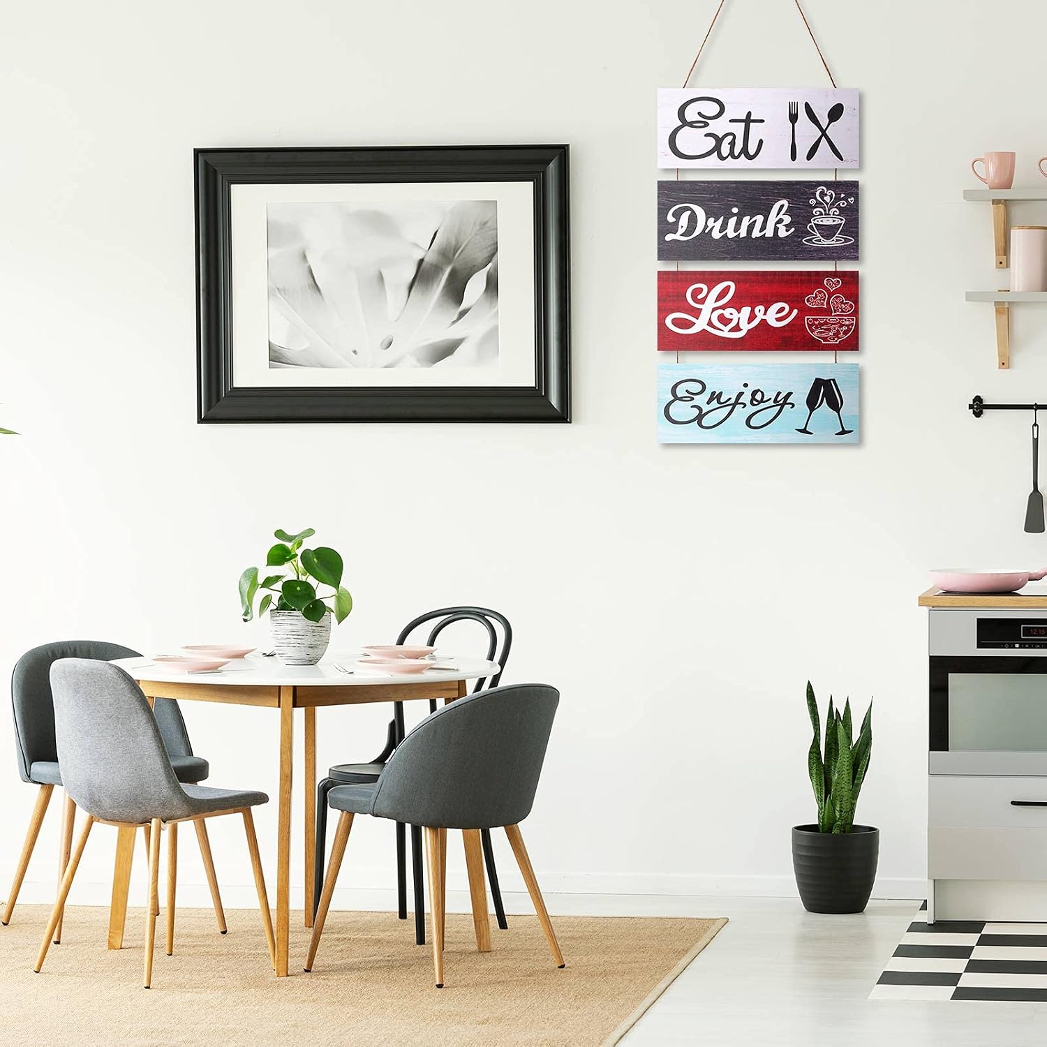 Jetec Rustic Kitchen Wall Decor Eat Drink Love Enjoy Wall Hanging Wood Sign Wooden Kitchen Restaurant Hanging Wall Art for Home Kitchen Dining Room House Decor (Retro Color)