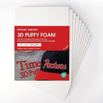 BAi Embroidery Foam 3mm for Machine Embroidery, 10 Sheets White, Puff Foam for 3D Hats, Caps and Raised Lettering, 6 x 8 Inch