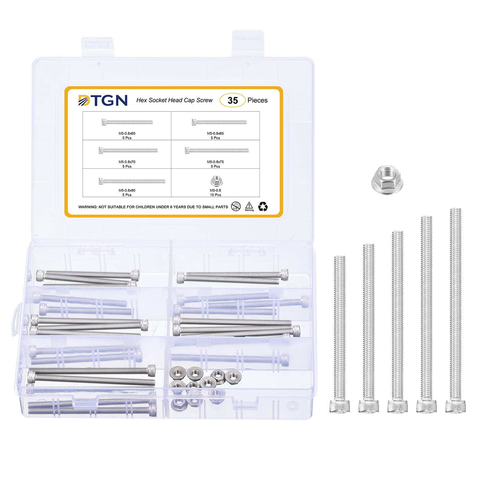 DTGN M5x0.8x60/65/70/75/80 Hex Socket Head Cap Screws Blots Assortment Kit - 35Pack - Good for Mountain Bike, Auto, Motorcycle - 304 Stainless Steel