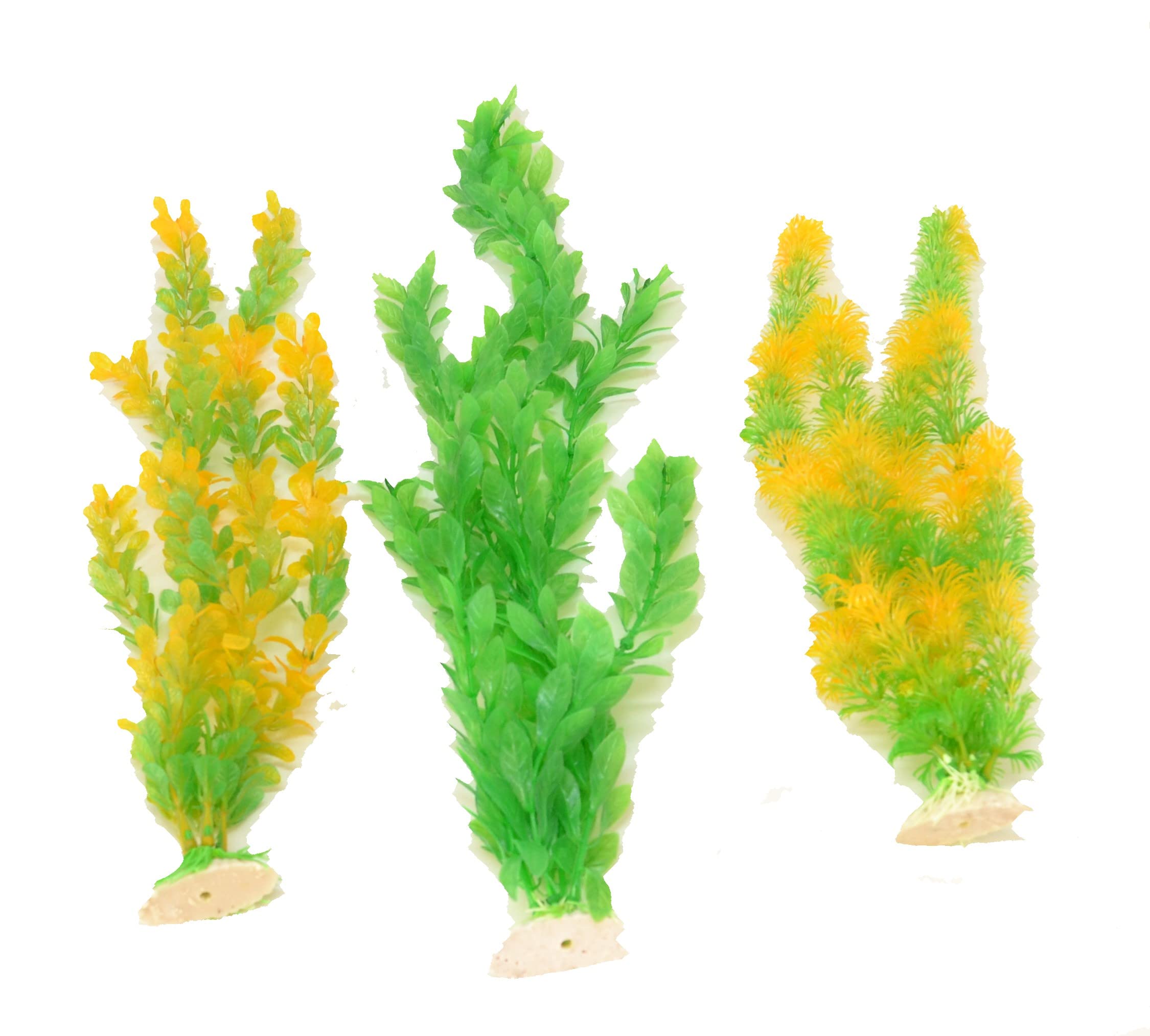 Aries boutique T5 Accesorios para acuarios Grandes, Verde Y Amarillo, Plantas de Colores de plastico, Plantas Artificiales, 37 cm de Altura. Juego de 3 Piezas. Plantas de Decoracion de acuarios.