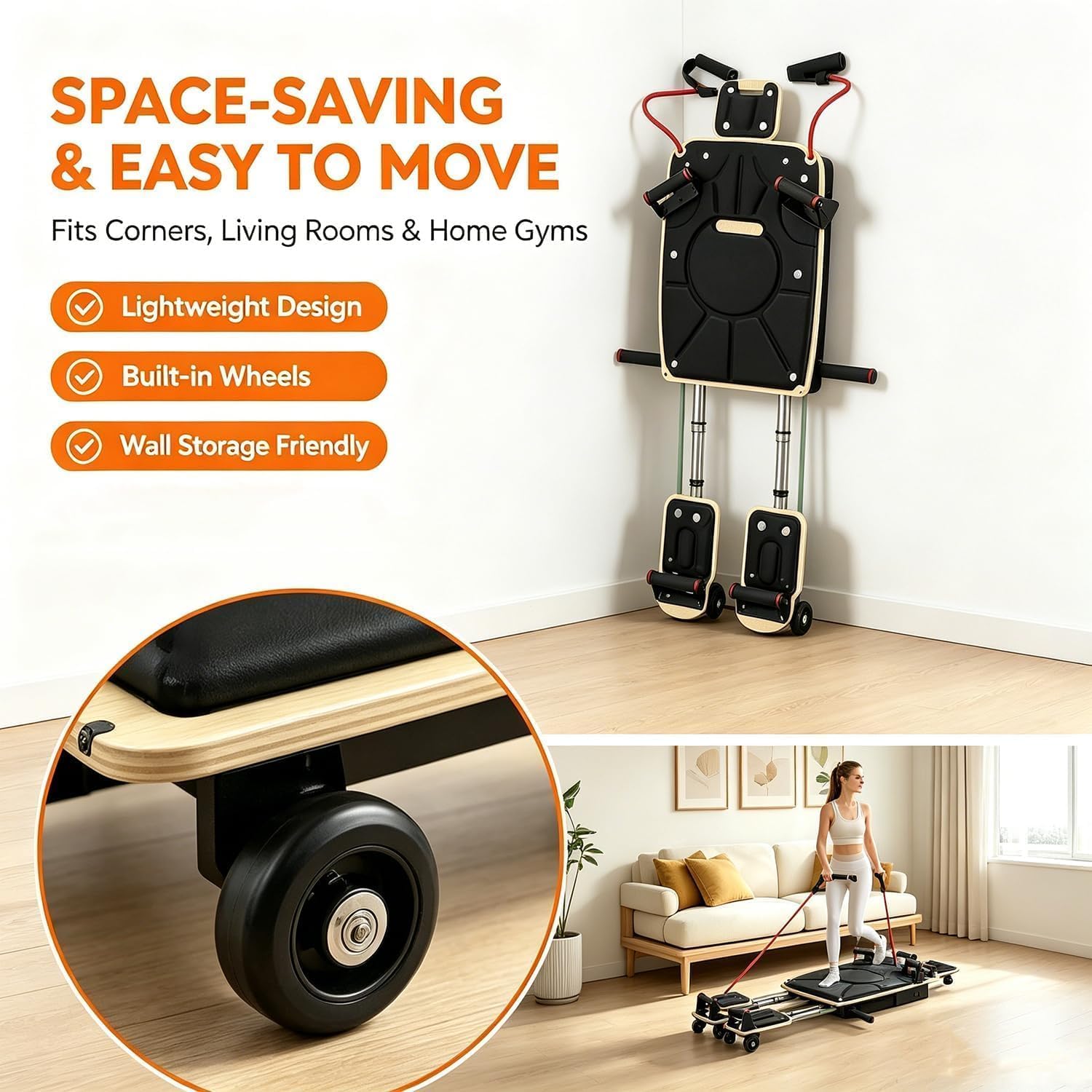 Tabla De Pilates Reformer para Entrenamiento En Casa, Tabla De Pilates Plegable De Madera con Almohadillas Dobles Y Divididas para Los Pies, Bandas De Resistencia Ajustables, Black