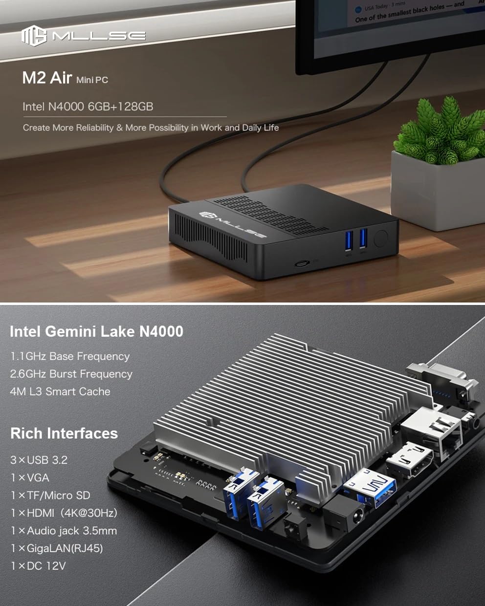 MLLSE Mini PC M2 Air Intel N4000: 6GB RAM, 128GB EMMC, Windows 11