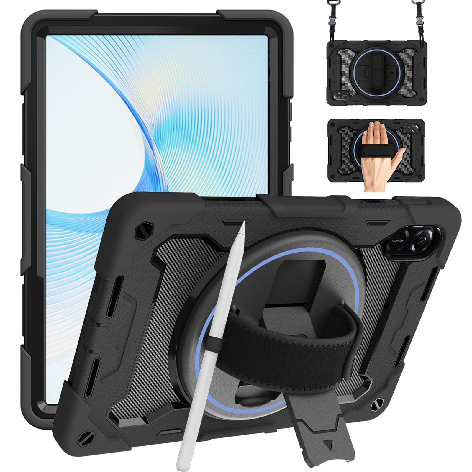 Junfire Honor Pad X9 / X8 Pro 11.5 Inch 2023 Case, Heavy Duty Protective Case with Rotating Stand, Hand Strap, Shoulder Strap for Honor Pad X9 Case, Black