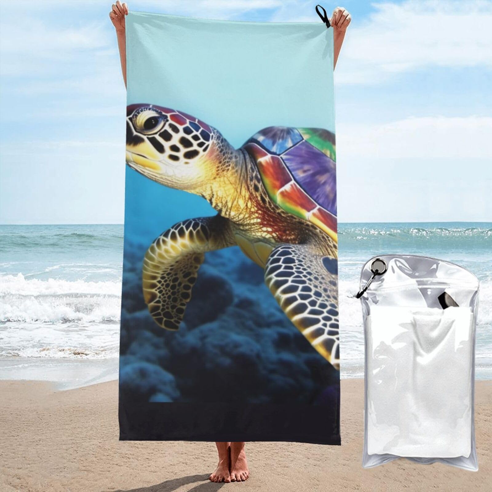 BWWHCCTI Sea Turtle Printed Microfiber Quick Dry Beach Towel 80x160 CM, Fast Drying Bath Towels with Bags for Travel,Camping,Gym,Beach,Swimming,Yoga