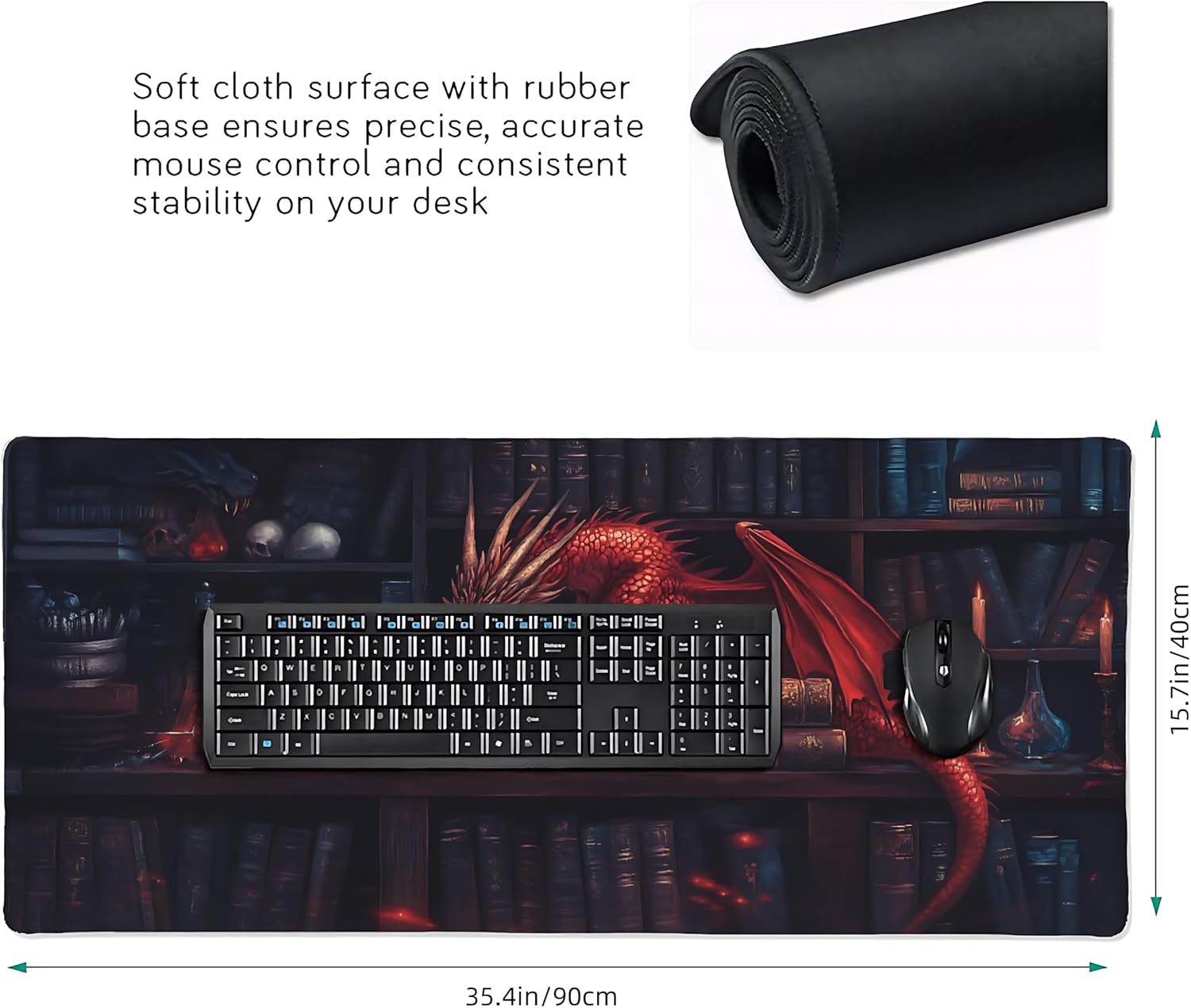 Aesthetic Dragon Gaming Mouse Pad, Ink Blue Red Mystical Desk Mat with Anti-Slip Base & Stitched Edges, Office & Home Desk Decor for Women, 35.4" x 15.7" in Computer Desktop Mat