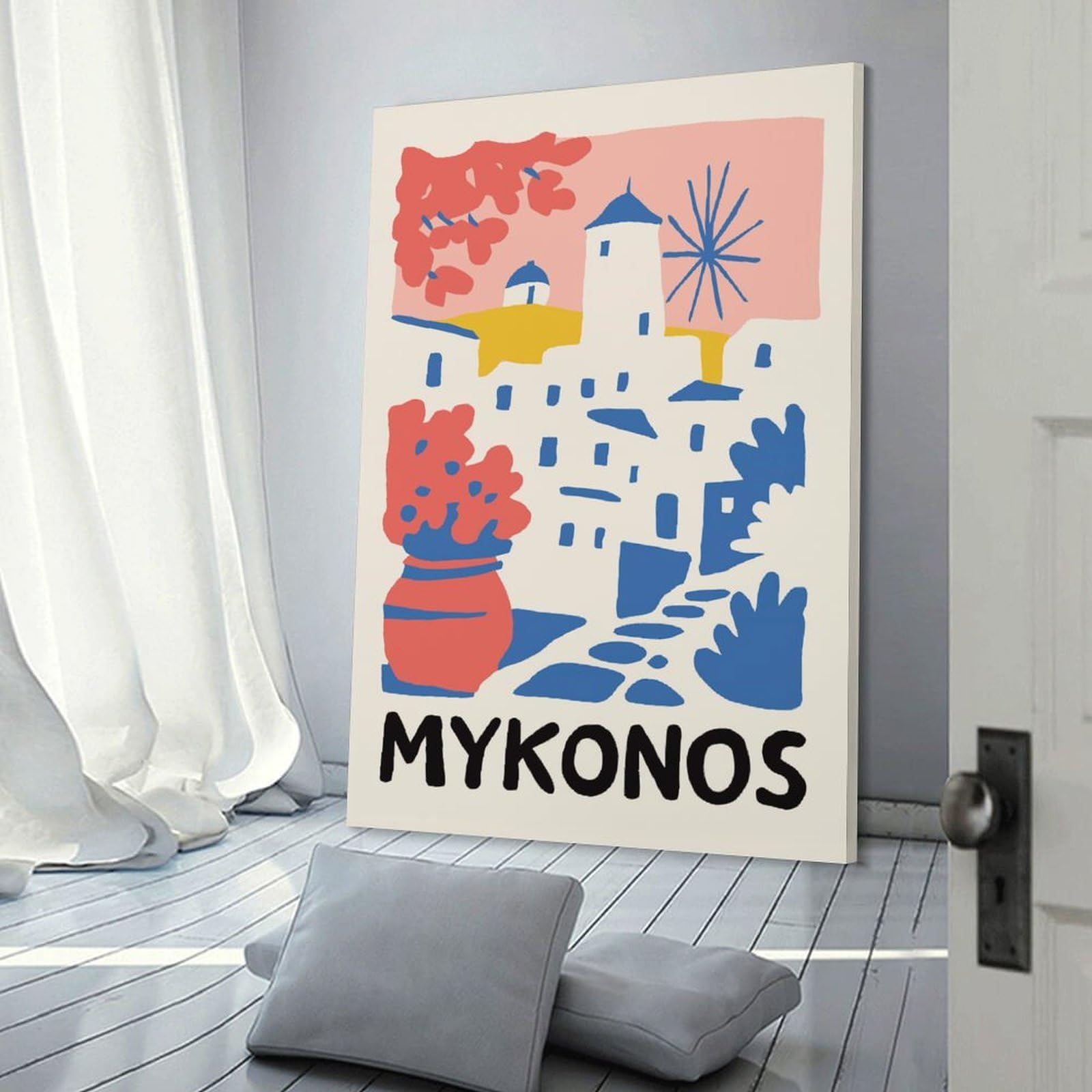 Junmoney Mykonos Travel Wall Picture Print 20x30inch(50x75cm), for Calm Bedrooms, Home Corners Or Flats, Home Artwork with A Soft Interior Feel