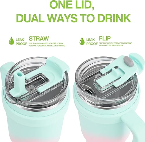 Miniatura 3 de Vaso de 50 onzas con asa, vaso grande de acero inoxidable aislado a prueba de fugas con popote abatible 2 en 1 y tapa para sorber mantiene las