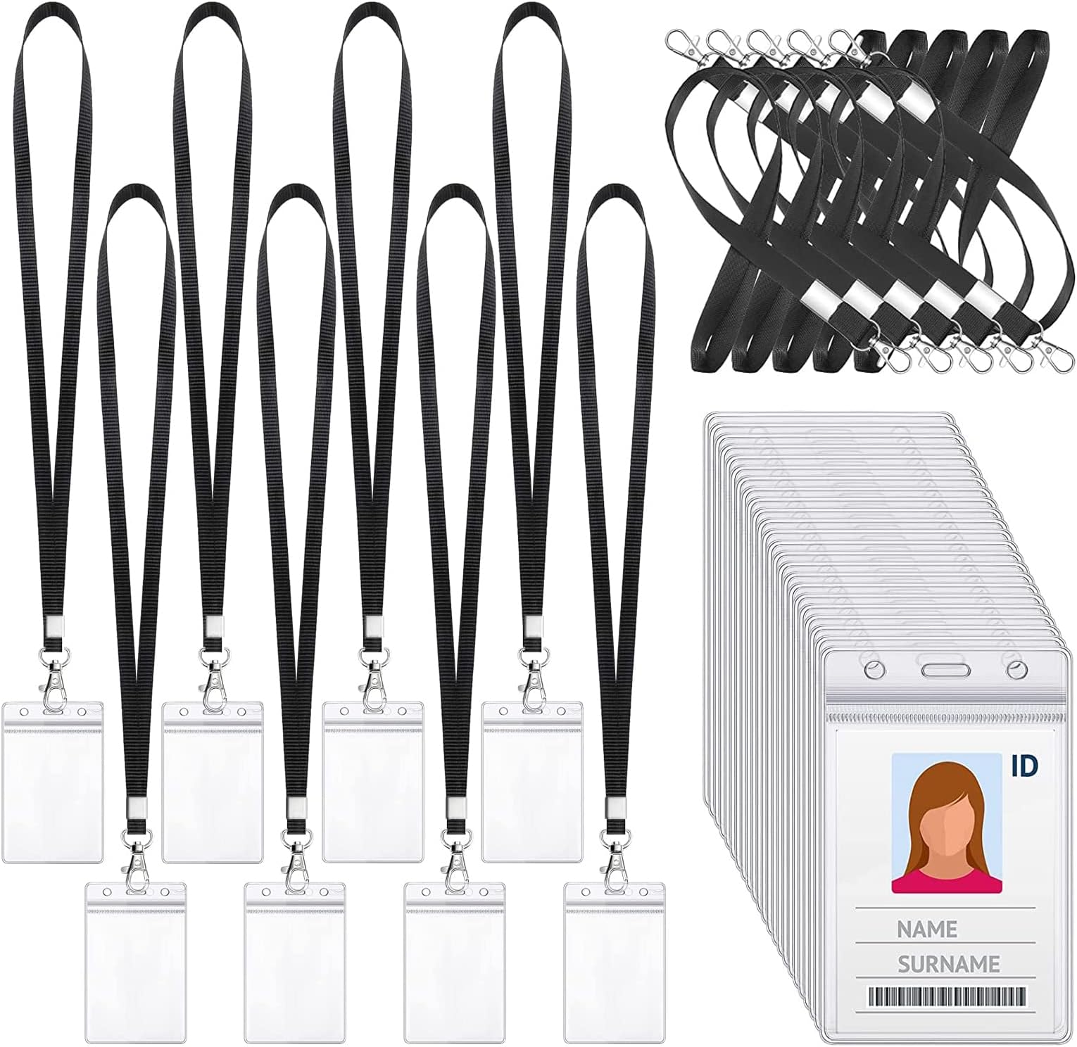 20 Pieces Vertical Name Badge Holders and 20 Pcs Neck Lanyards, ID Card Holder Waterproof Clear Plastic Vertical Name Tags Badge Holders Transparent PVC Pouch for Office School Travel (65 x 115 mm)