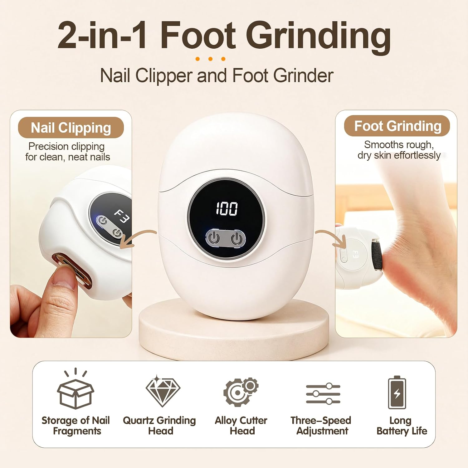 2 in 1 Electric Foot Callus Remover and Nail Clipper, Portable Foot Grinder Rechargeable, Electronic Foot File Pedicure Tools, LCD Display, Three-Speed Adjustment for Dead Skin image 2